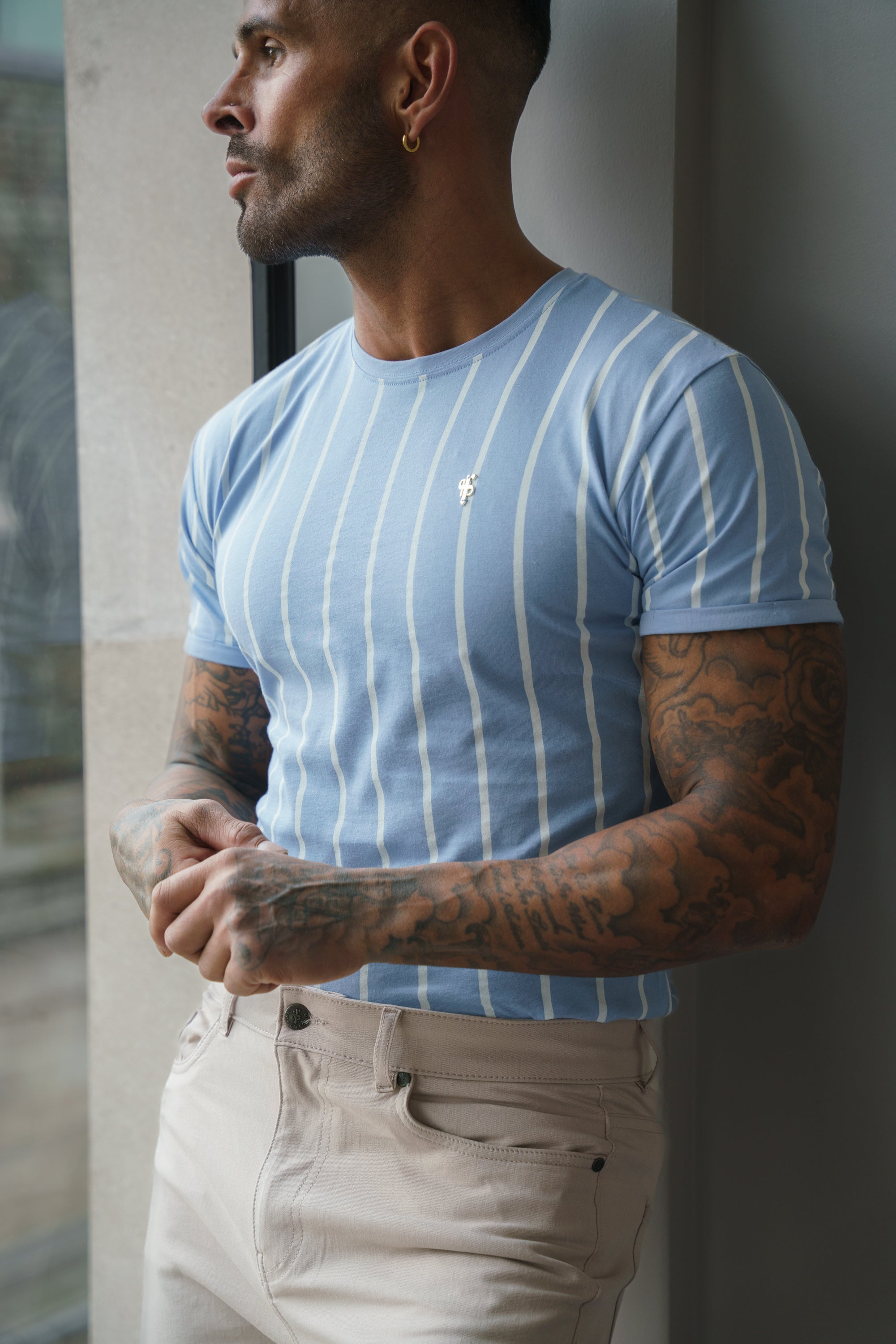 Printed Light Blue / White Stripe Fitted T Shirt - FSH1169