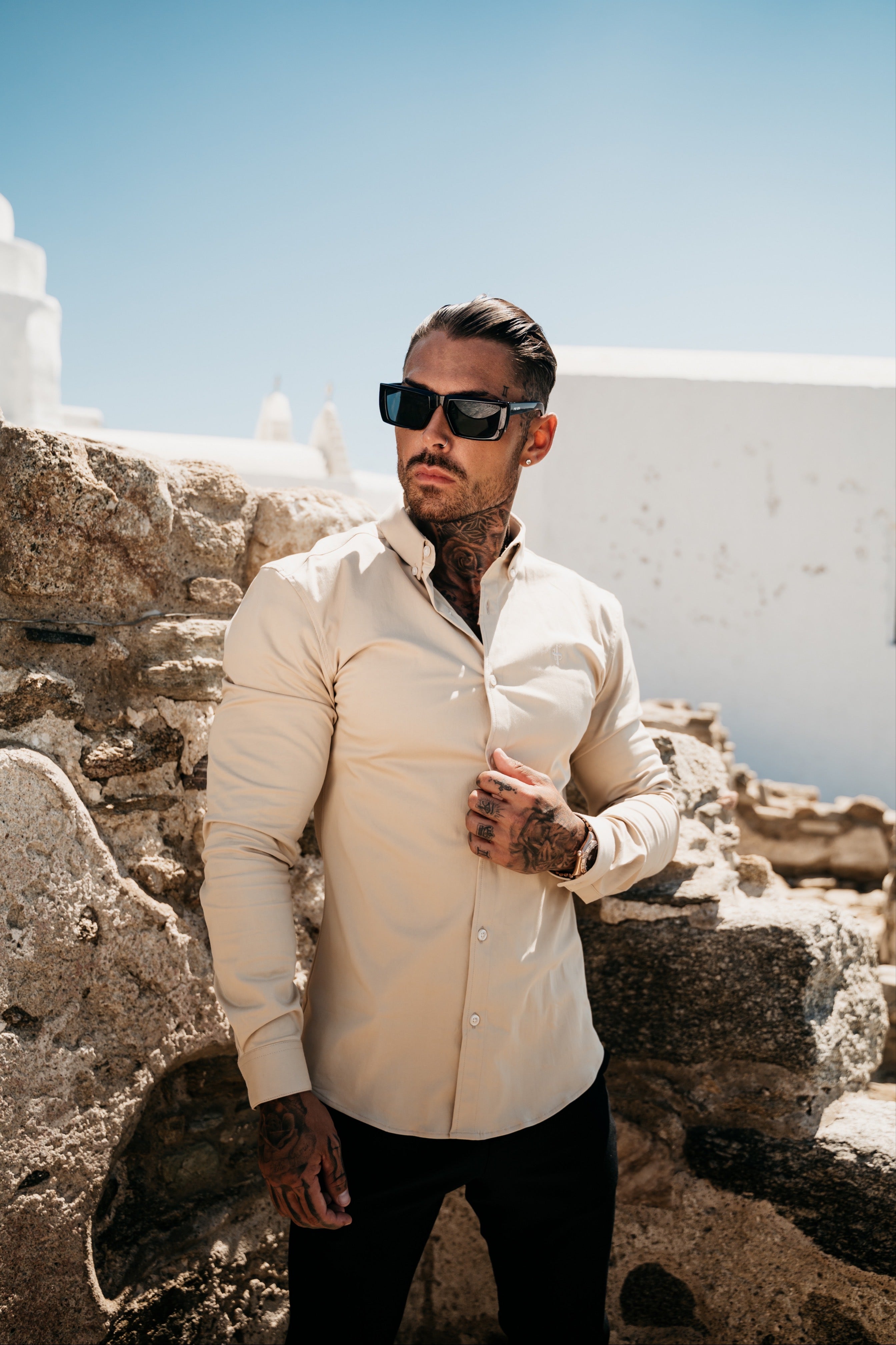 Super Slim Stretch Plain Beige Long Sleeve With Button Down Collar - FS983