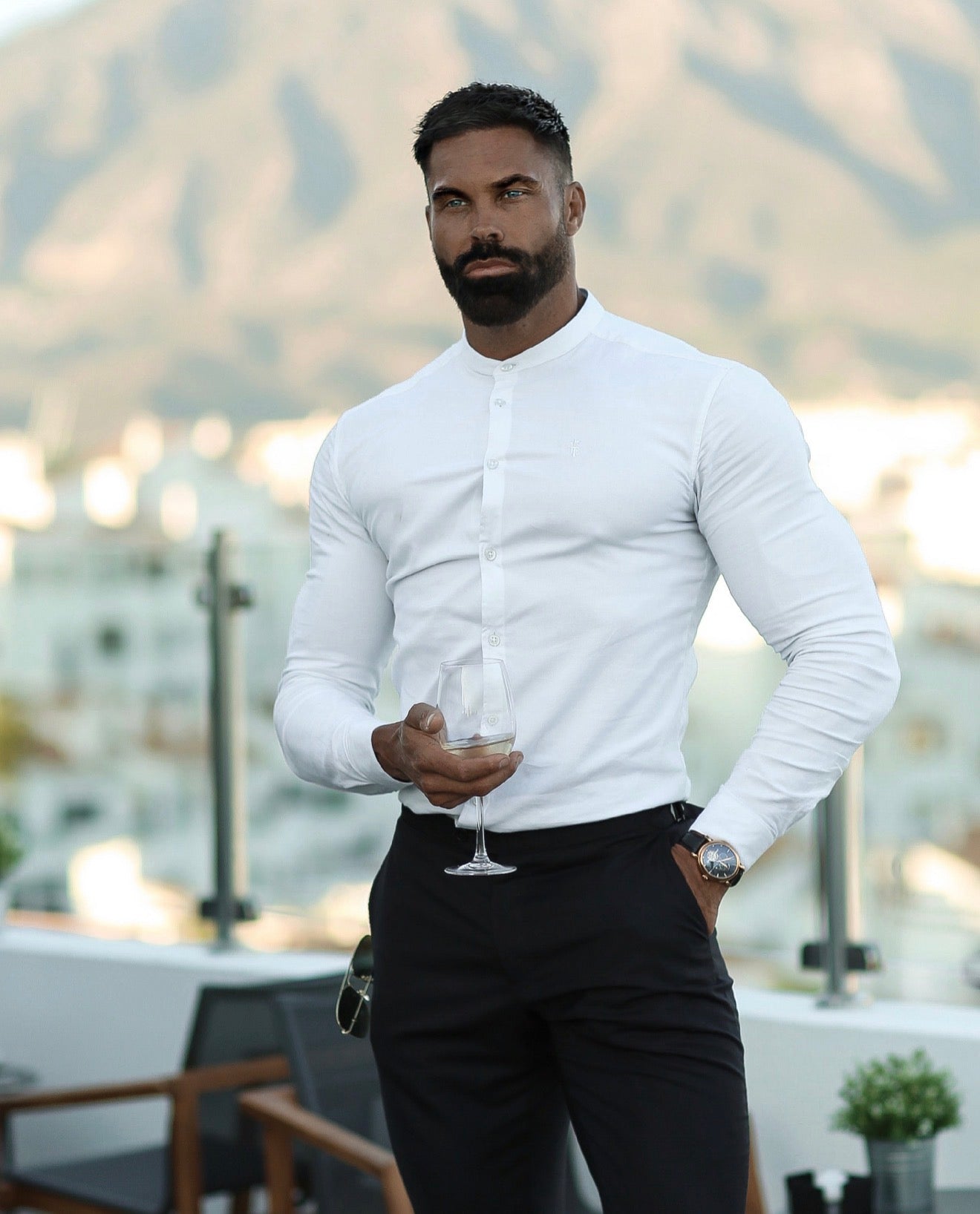 Athena Muscle Fit Advanced Stretch White Grandad Collar Shirt - FS1253