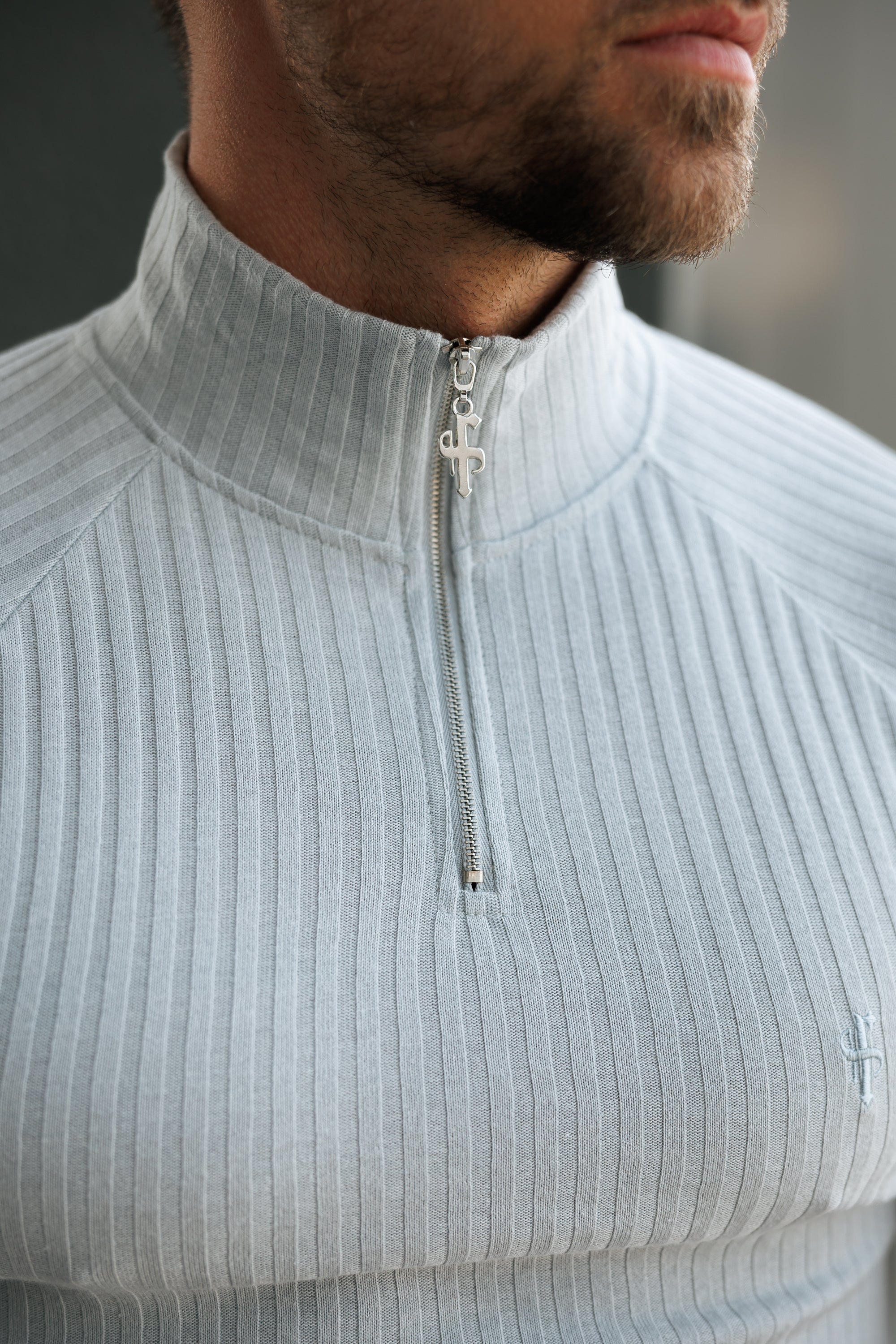 Classic Light Grey Ribbed Zip Funnel Neck Raglan Short Sleeve Crew - FSH1287