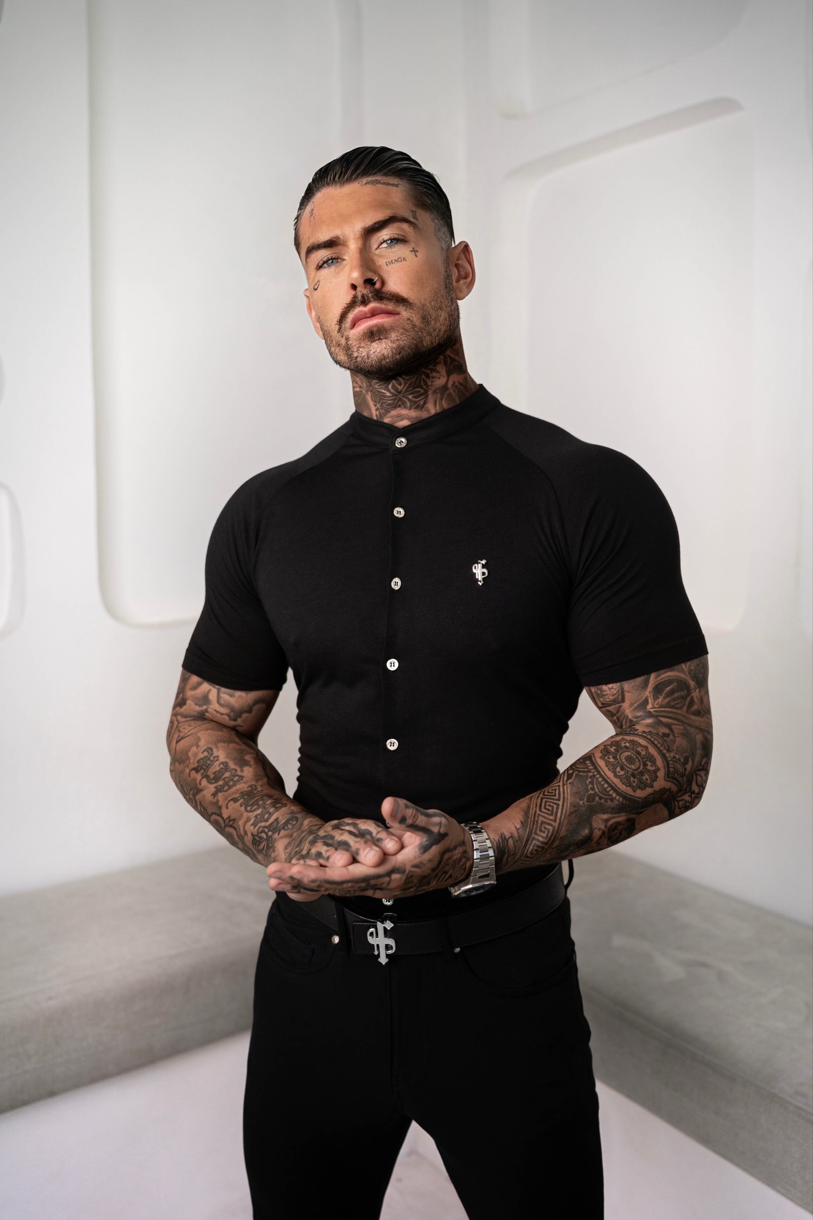 Slim Bamboo Raglan Grandad Collar Black Short Sleeve - FSH1165
