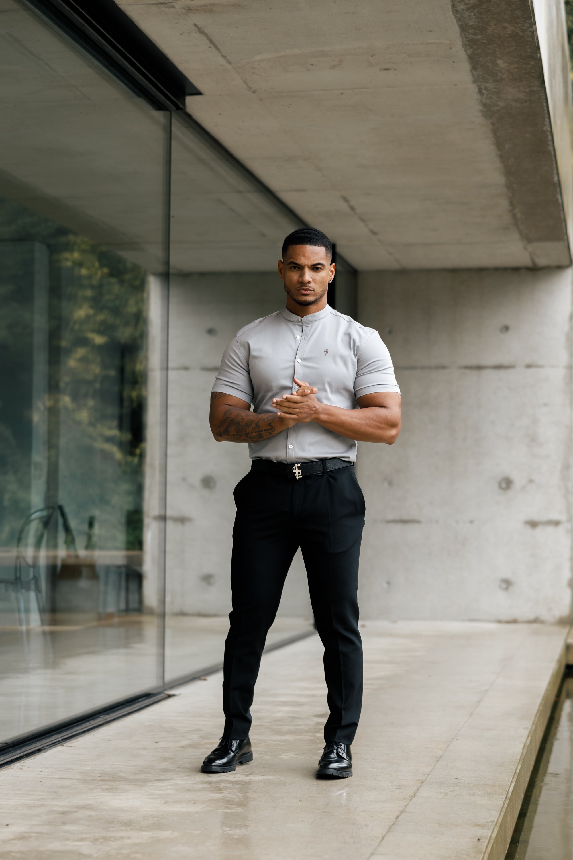 Super Slim Stretch Grey Denim Short Sleeve With Grandad Collar and Silver Metal Buttons and Decal - FS963