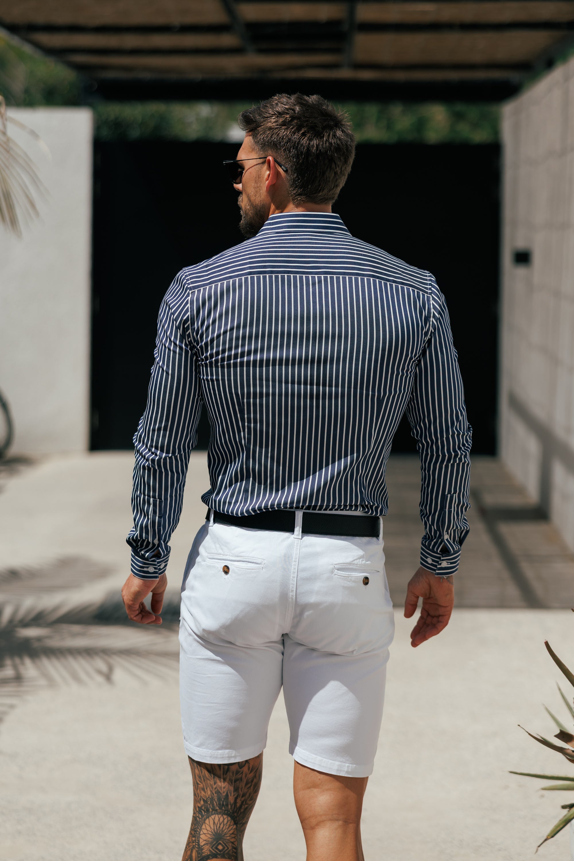 Super Slim Stretch Sateen Touch Navy / White Medium Stripe Long Sleeve - FS1262 (PRE-ORDER 28TH AUGUST)