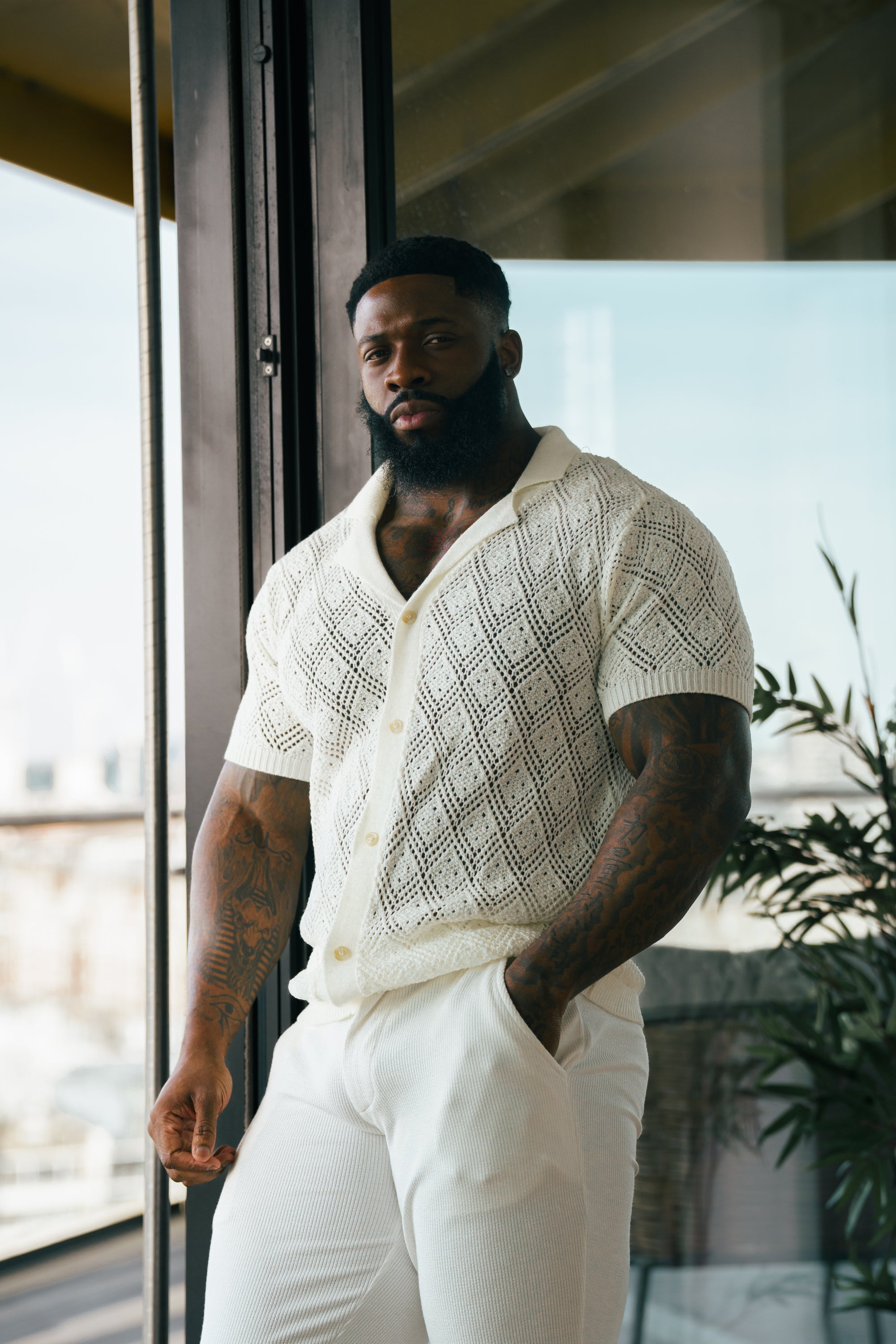 Crochet Shirt Cream Short Sleeve - FSJ078