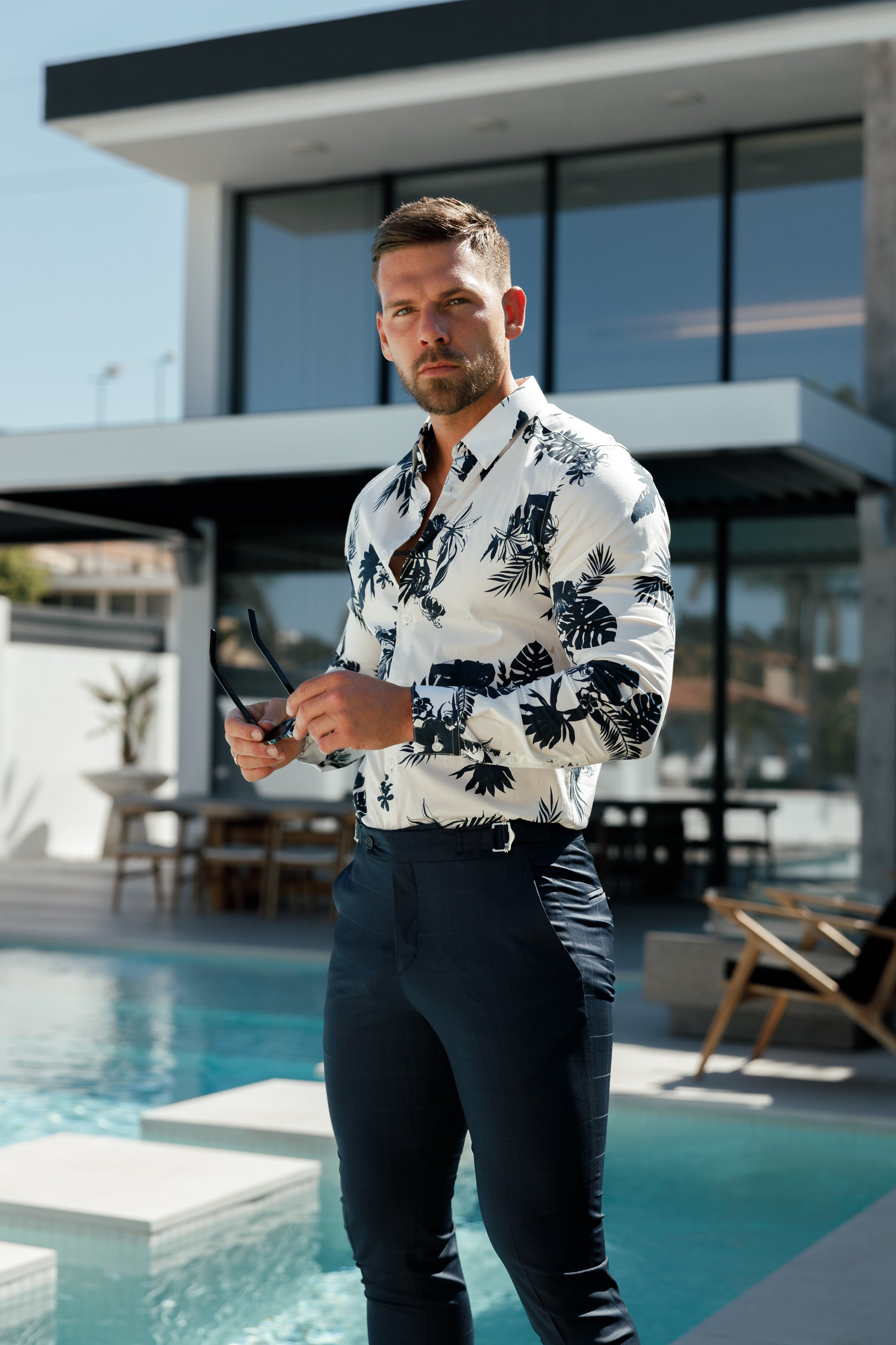 Slim Formal Navy Self Check Stretch Trousers with Side Adjusters - FST030