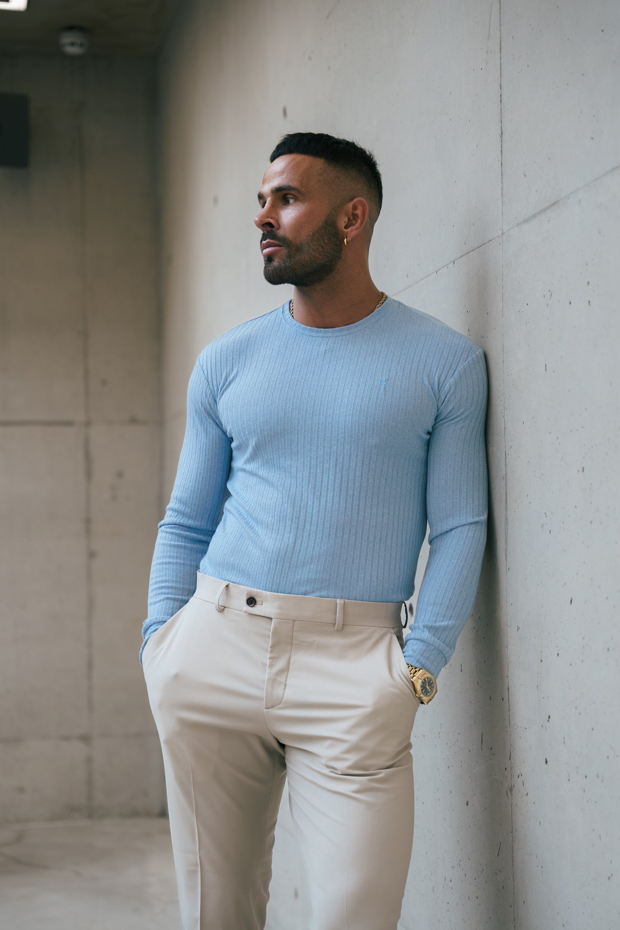 Classic Light Blue Ribbed Knit Jumper With Tonal Embroidery - FSH1286