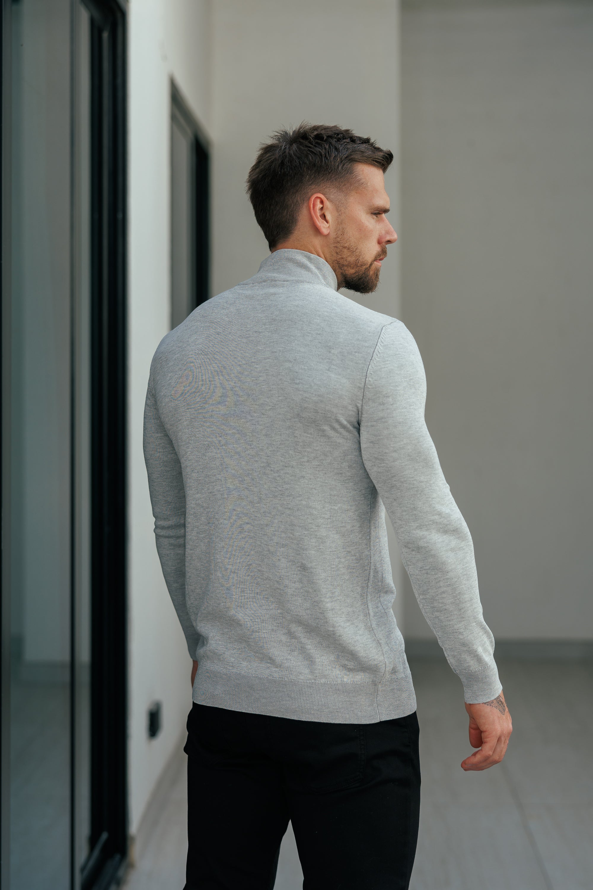 Self Stripe 1/4 Zip Funnel Neck Knit Jumper Silver Grey Long Sleeve - FSR051