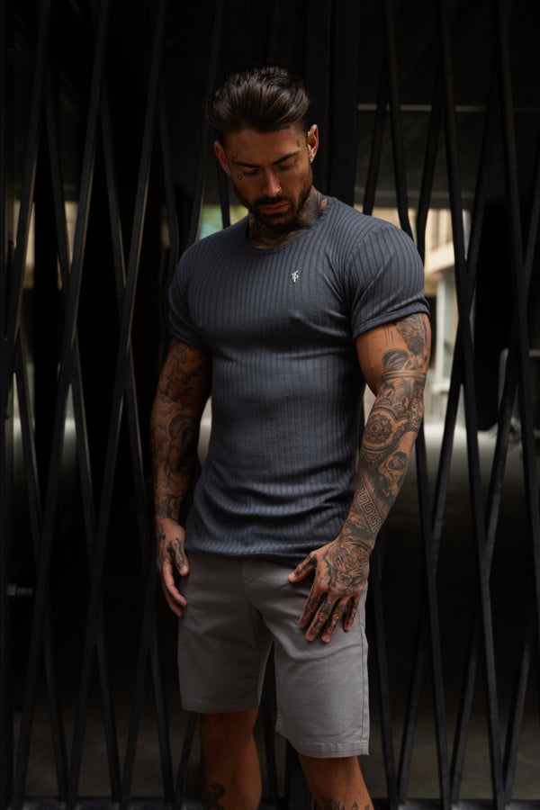 Father Sons Classic Charcoal / Silver Ribbed Knit Super Slim Short Sleeve Crew - FSH1084 (PRE ORDER 17TH MAY)