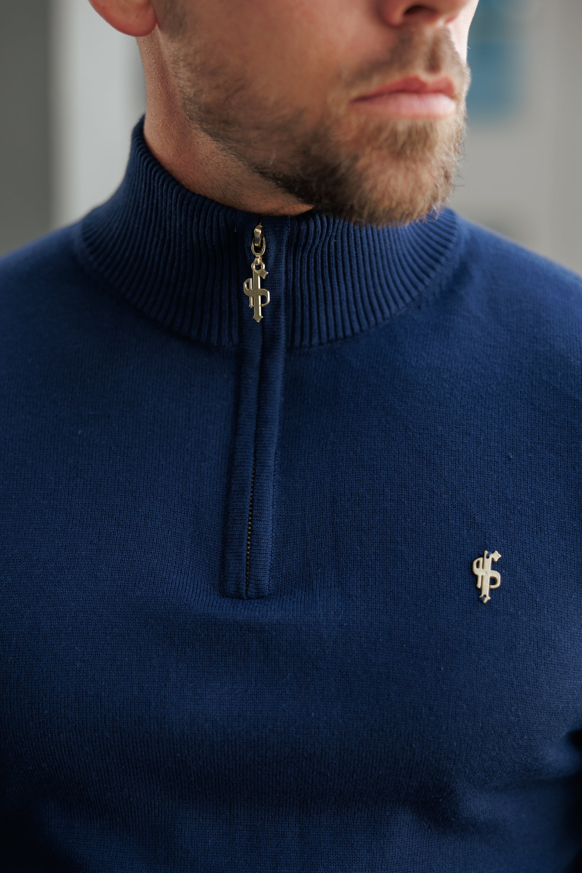 Navy Funnel Neck Knitted Jumper With FS Branding - FSN191