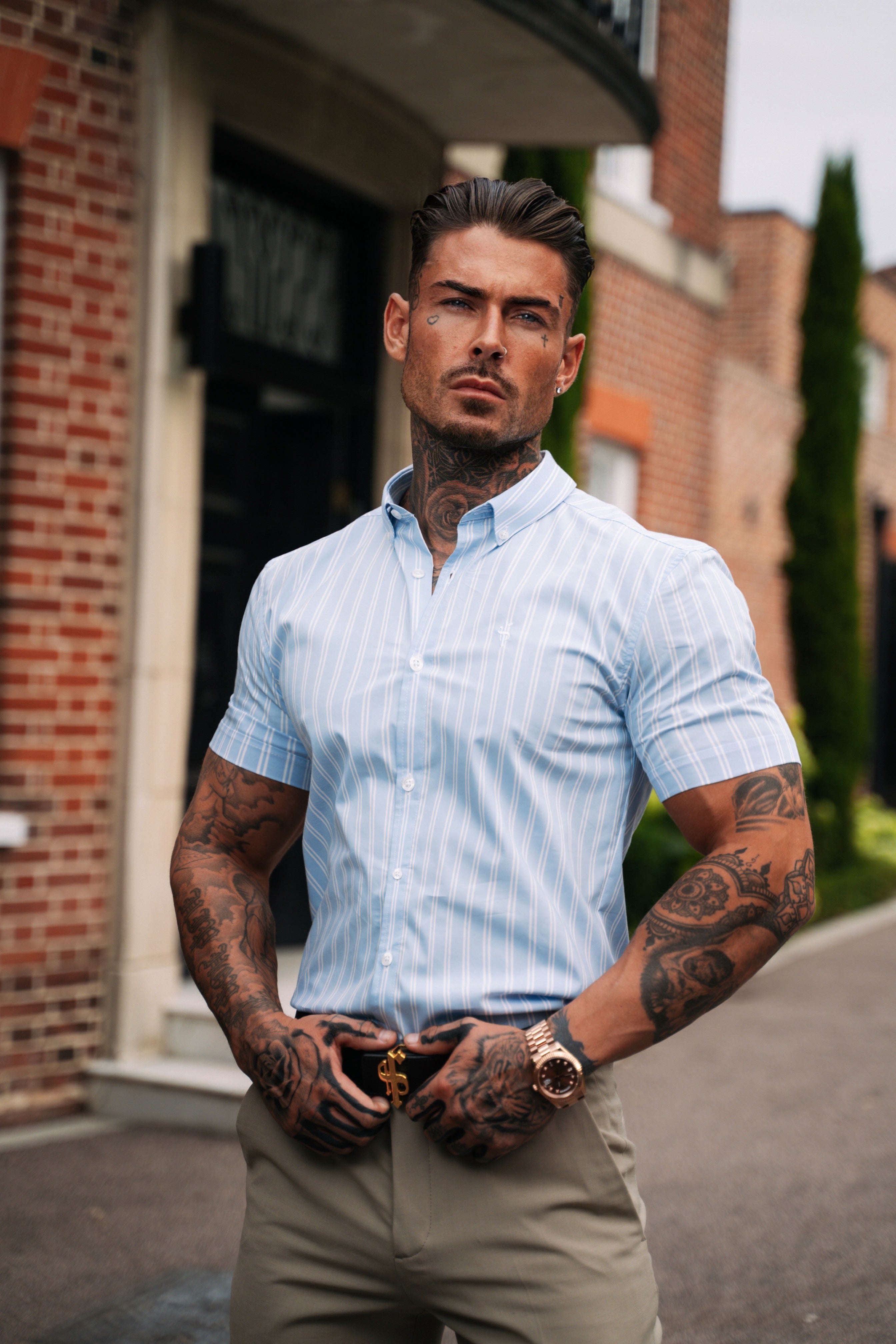 Classic Light Blue and White Woven Double Stripe Short Sleeve - FS974