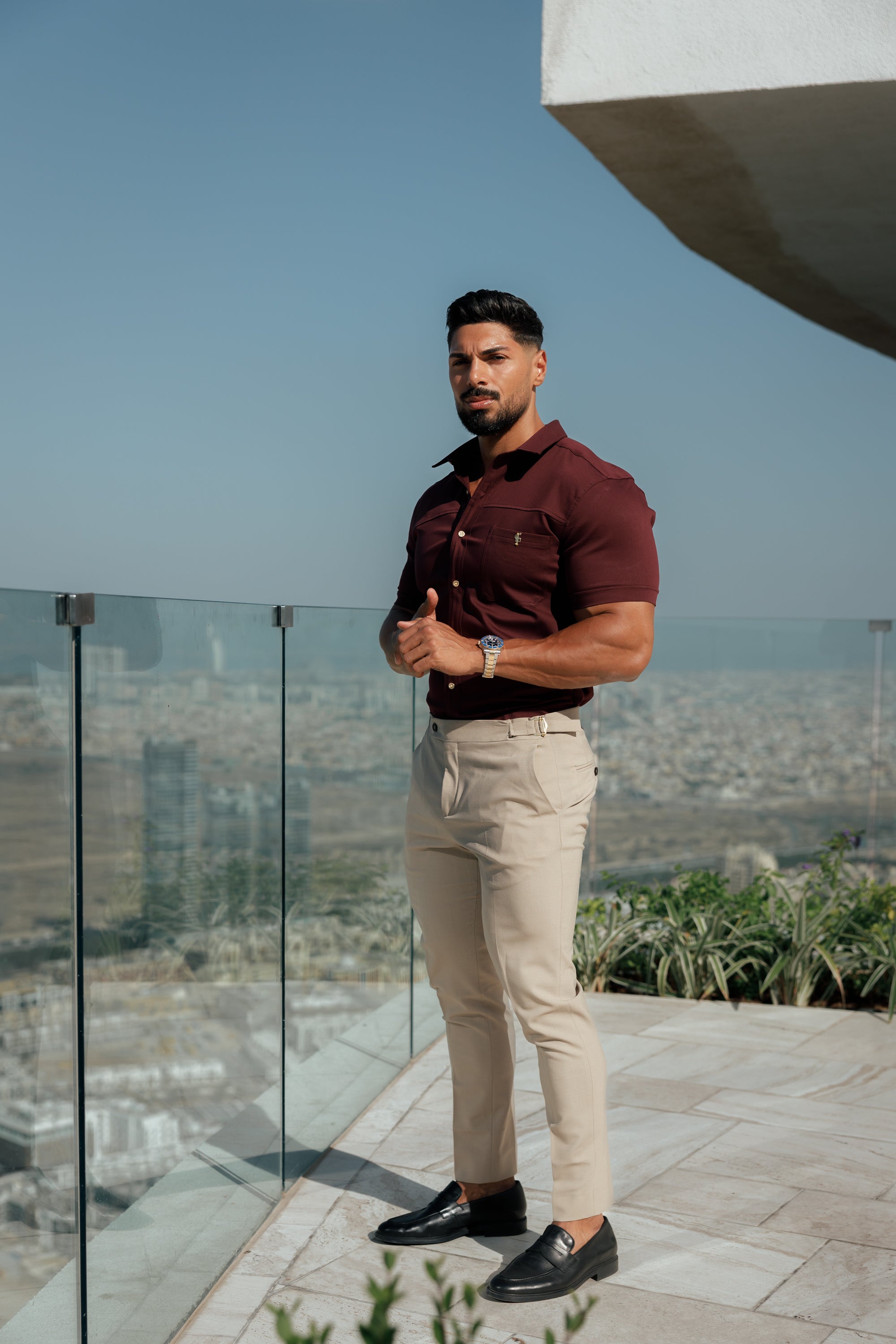 Super Slim Stretch Burgundy Denim Short Sleeve with Horizontal Seam and Pocket- FS961