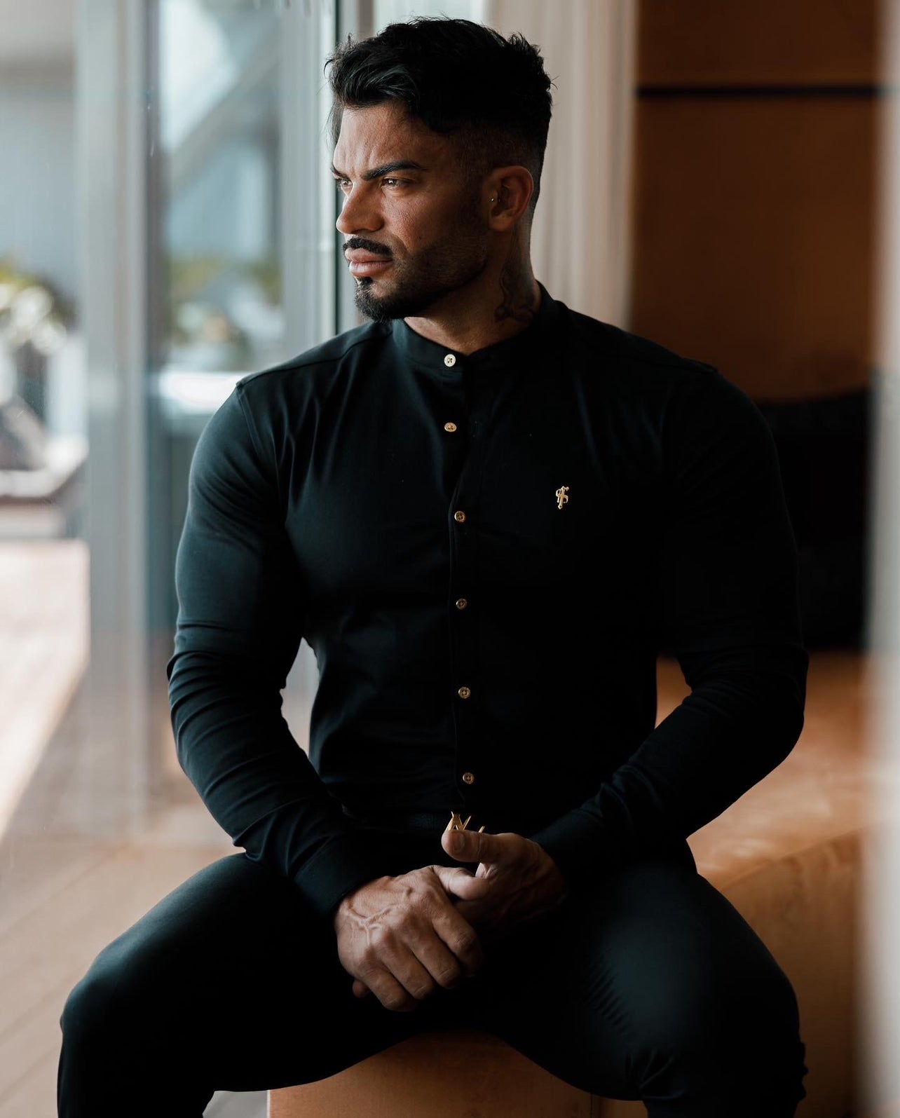 Super Slim Stretch Black Denim Long Sleeve Grandad collar with Metal Buttons and Decal Emblem - FS707