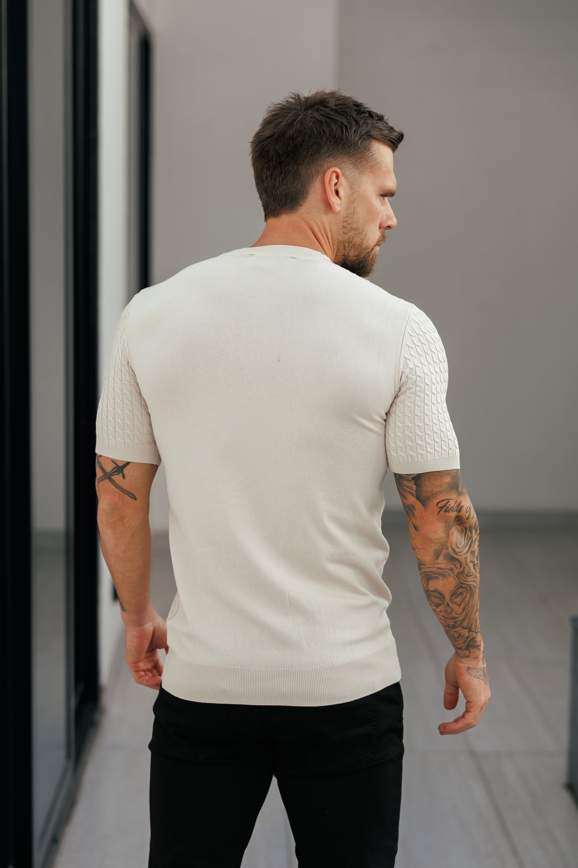 Front Chain Knit Crew Tshirt Cream Short Sleeve - FSR057