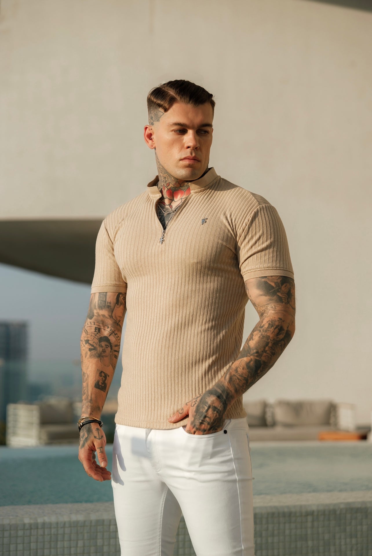 Classic Beige / Beige Ribbed Silver Zip Grandad Collar Shirt Short Sleeve - FSH916