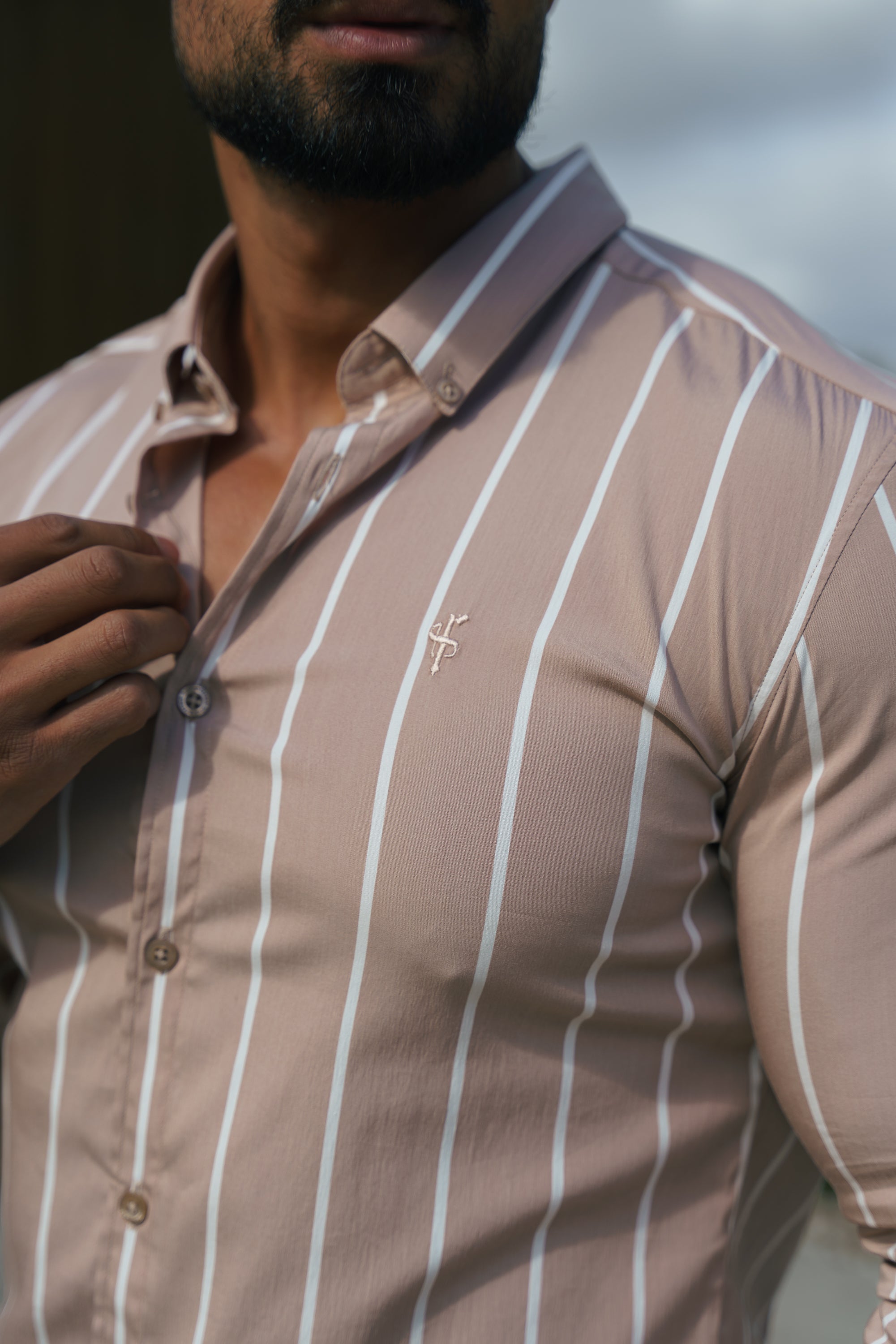 Super Slim Stretch Taupe Printed Wide Stripe Long Sleeve with Button Down Collar - FS1065