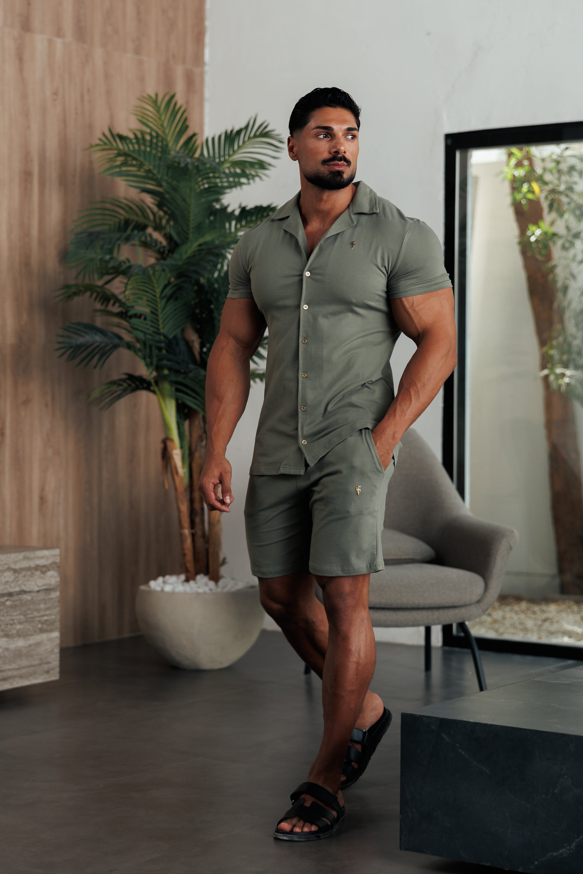 Stretch Olive / Gold Pique Revere Shirt Short Sleeve - FSH1387