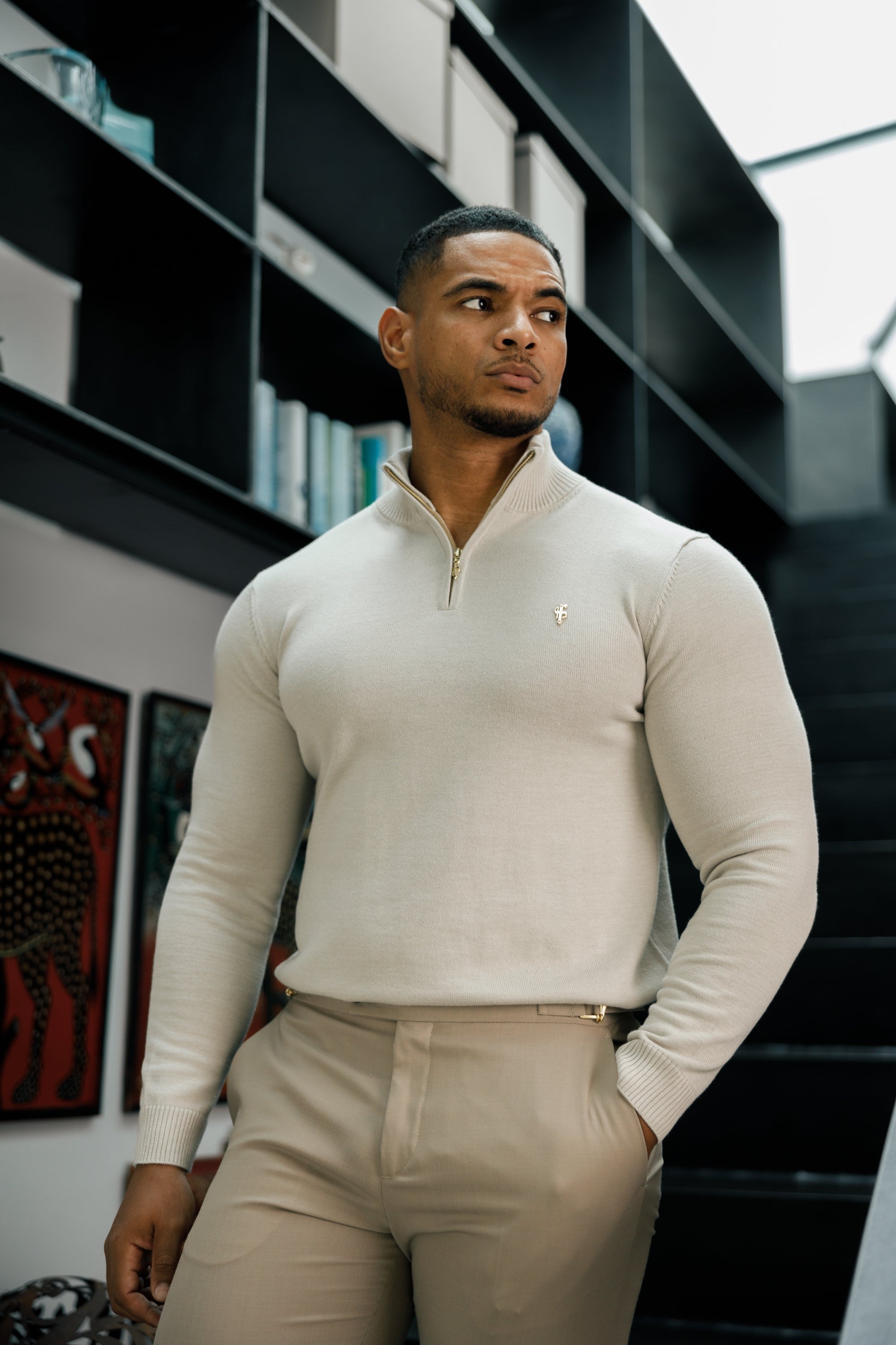 Beige Funnel Neck Knitted Jumper With FS Branding - FSN190