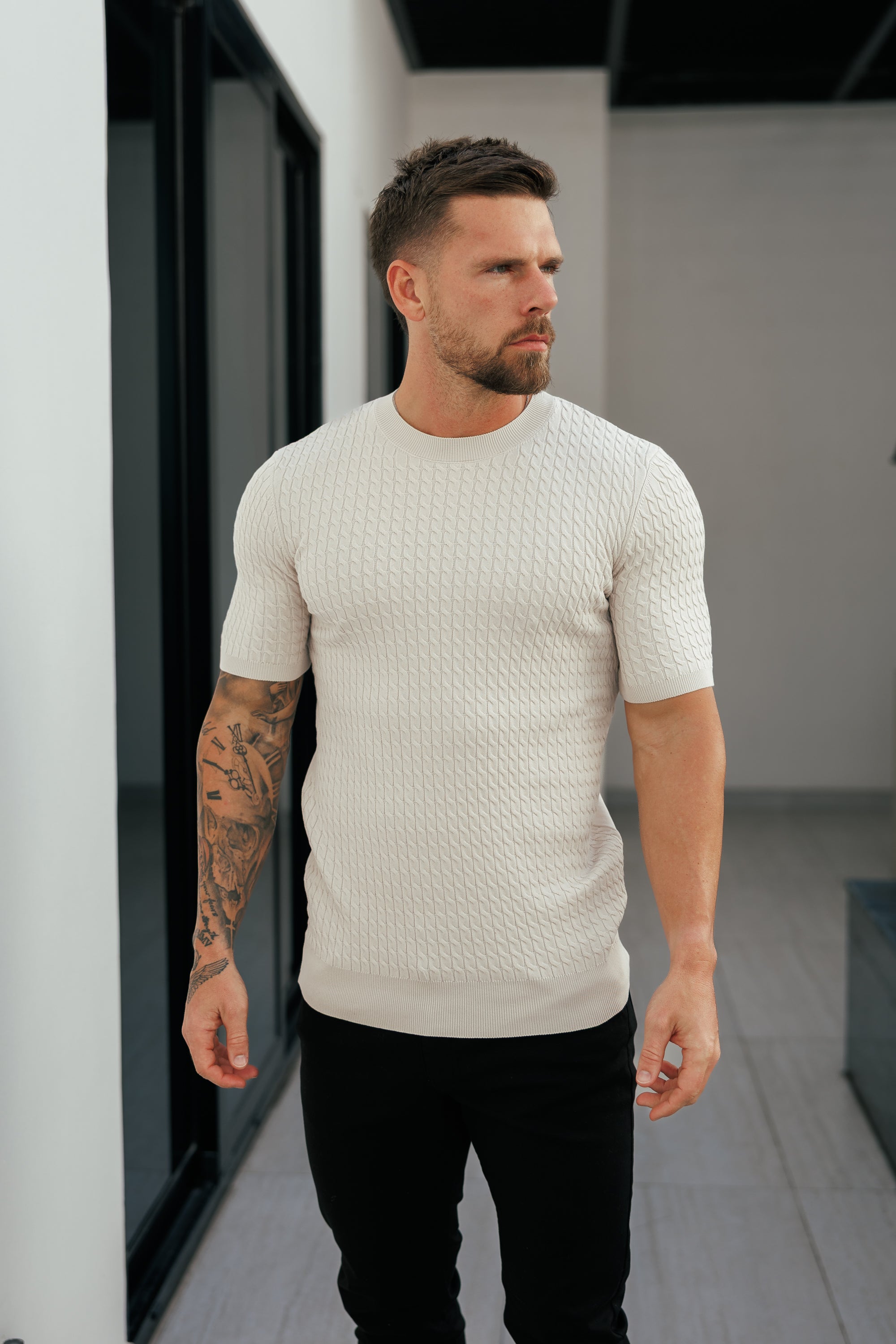 Front Chain Knit Crew Tshirt Cream Short Sleeve - FSR057