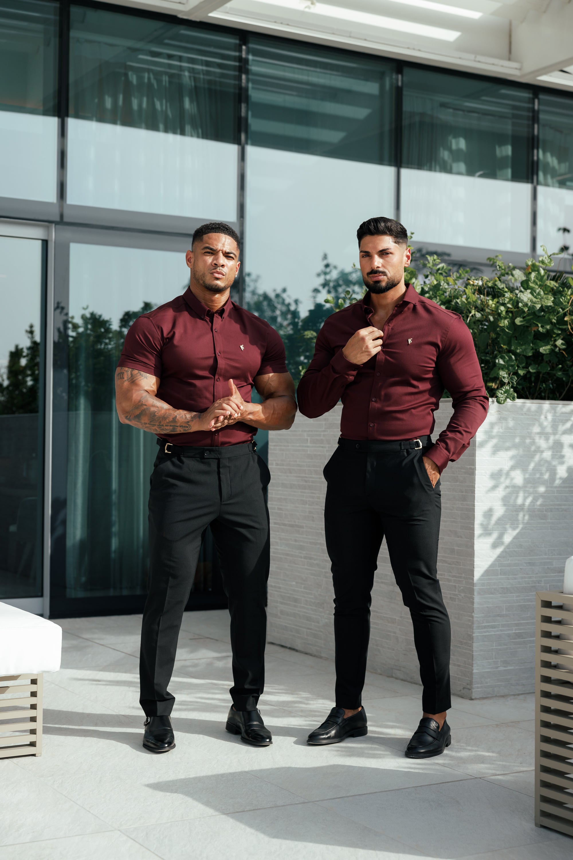 Super Slim Stretch Burgundy Denim Long Sleeve with Gold Metal Decal and Button Down Collar - FS1046