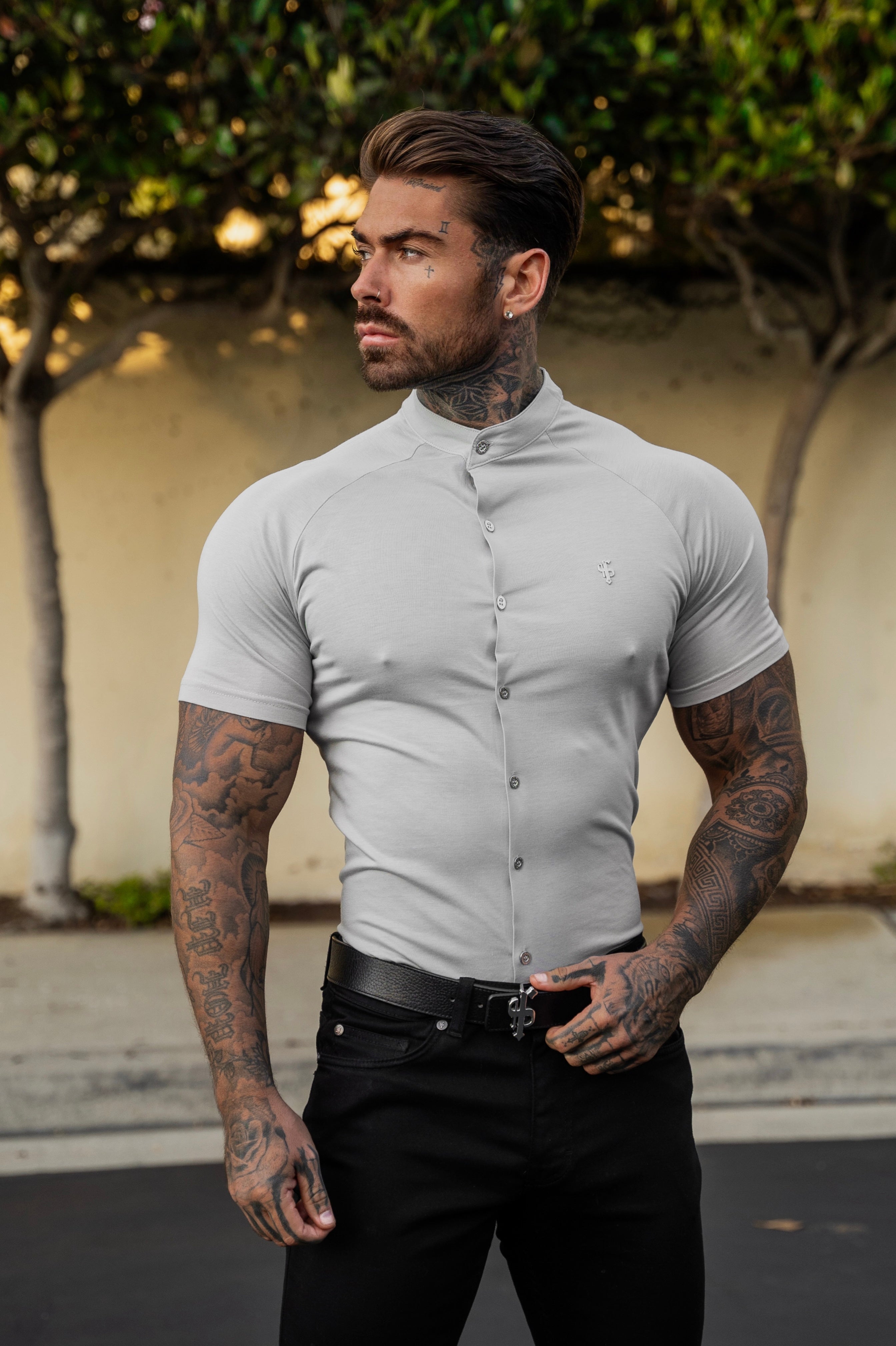 Slim Bamboo Raglan Grandad Collar Grey - FSH1155