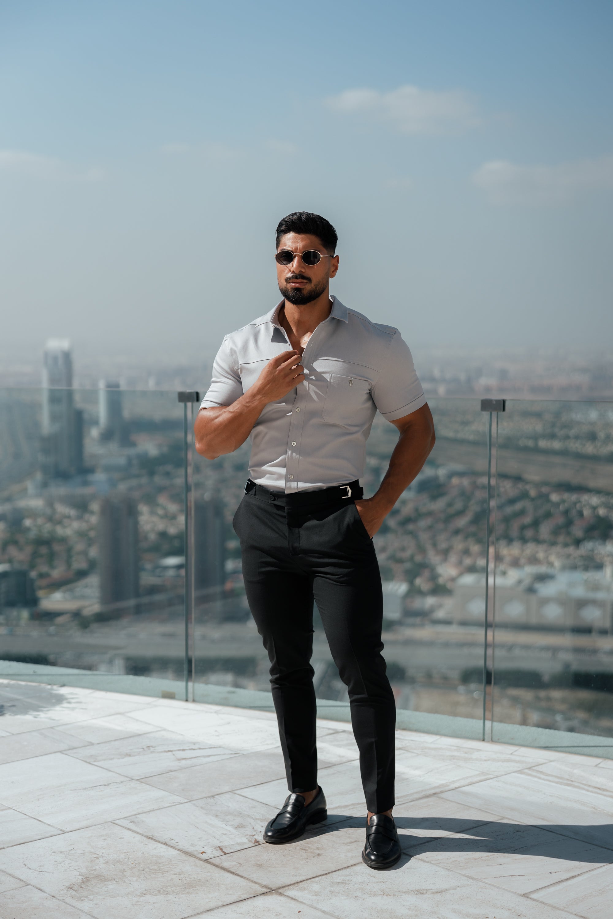 Super Slim Stretch Grey Denim Short Sleeve with Horizontal Seam and Pocket- FS960