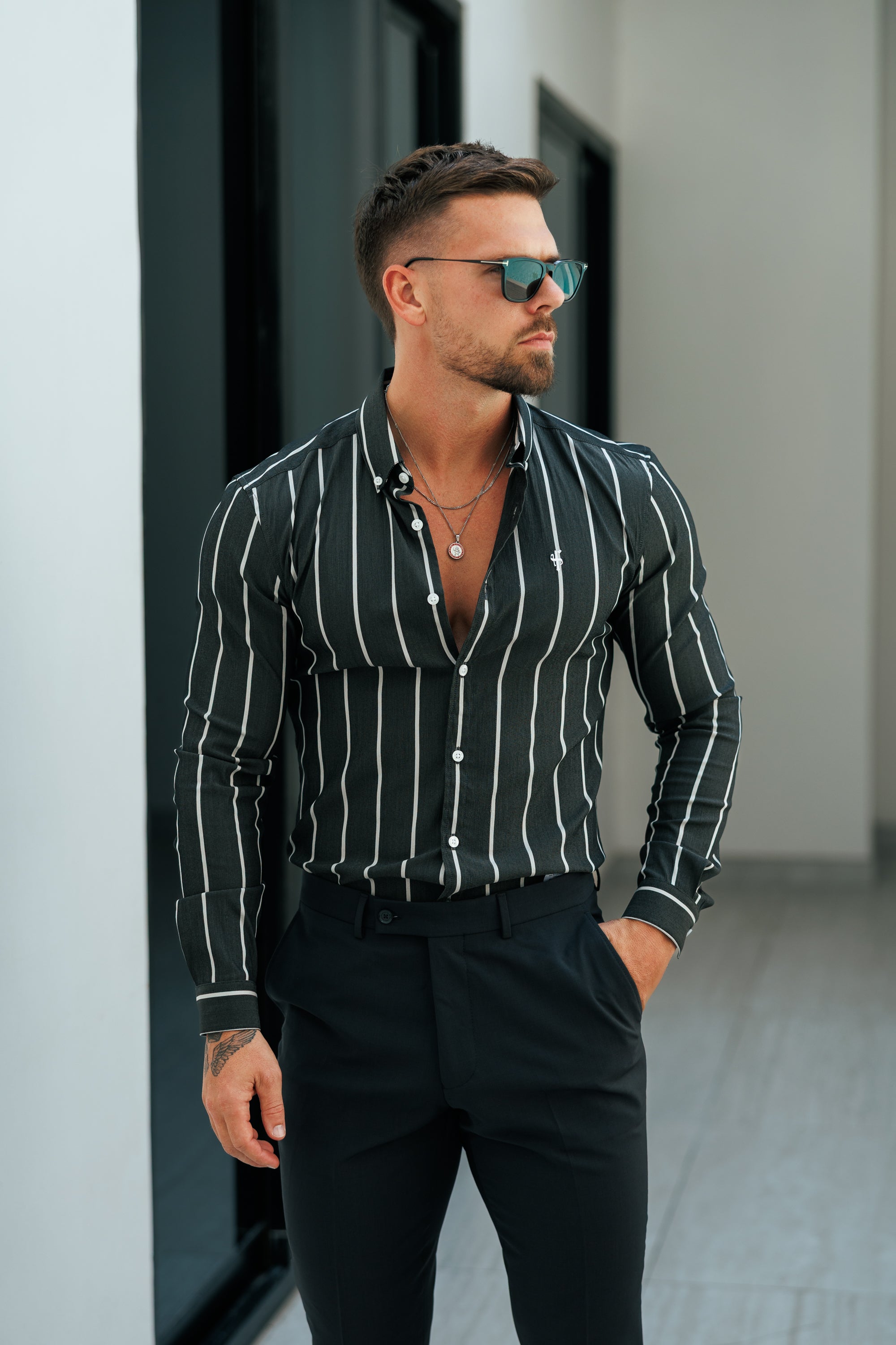 Super Slim Stretch Charcoal / White Printed Wide Stripe Long Sleeve with Button Down Collar - FS1224