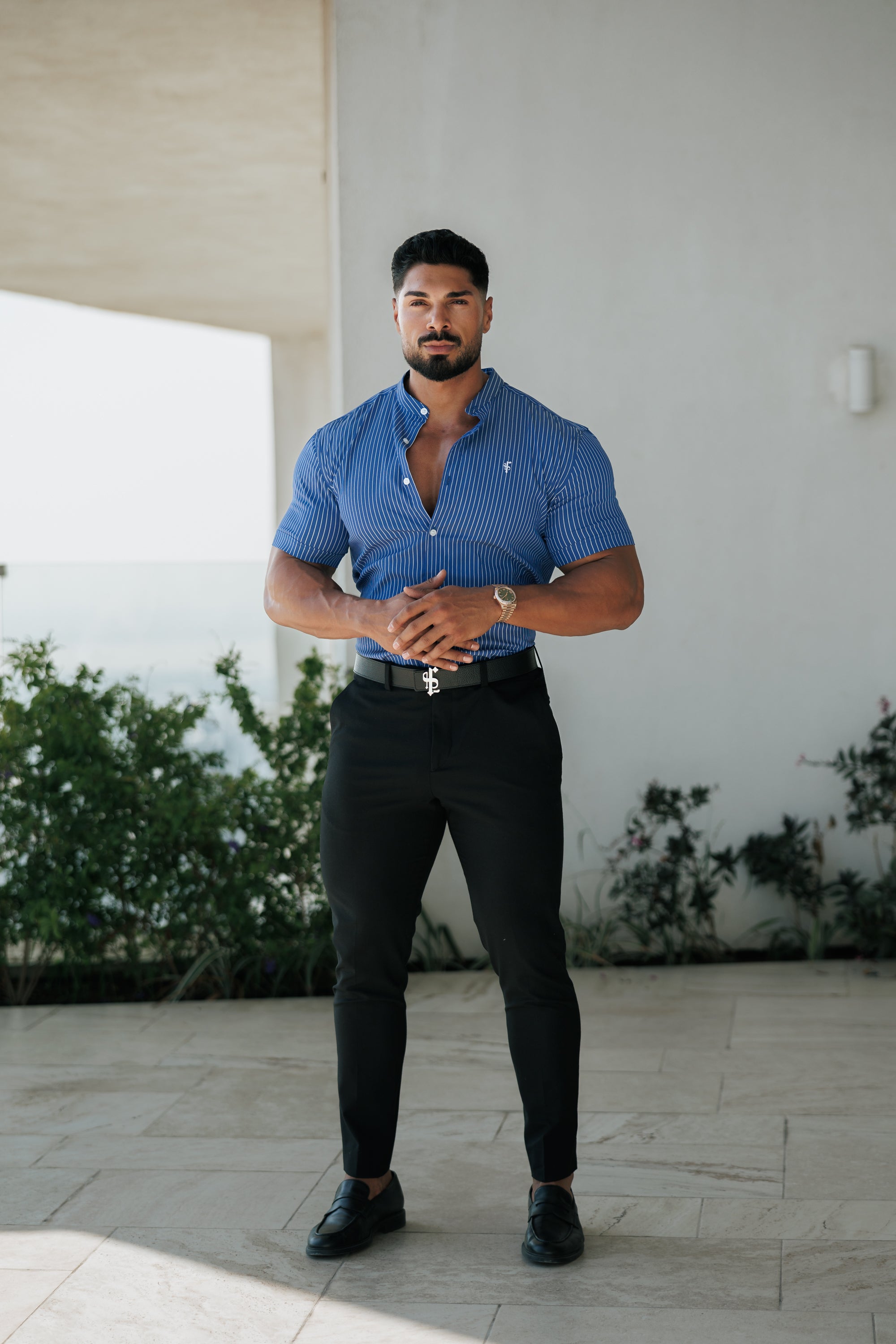 Super Slim Stretch Ocean Blue Printed Pinstripe Short Sleeve with Grandad Collar - FS1064