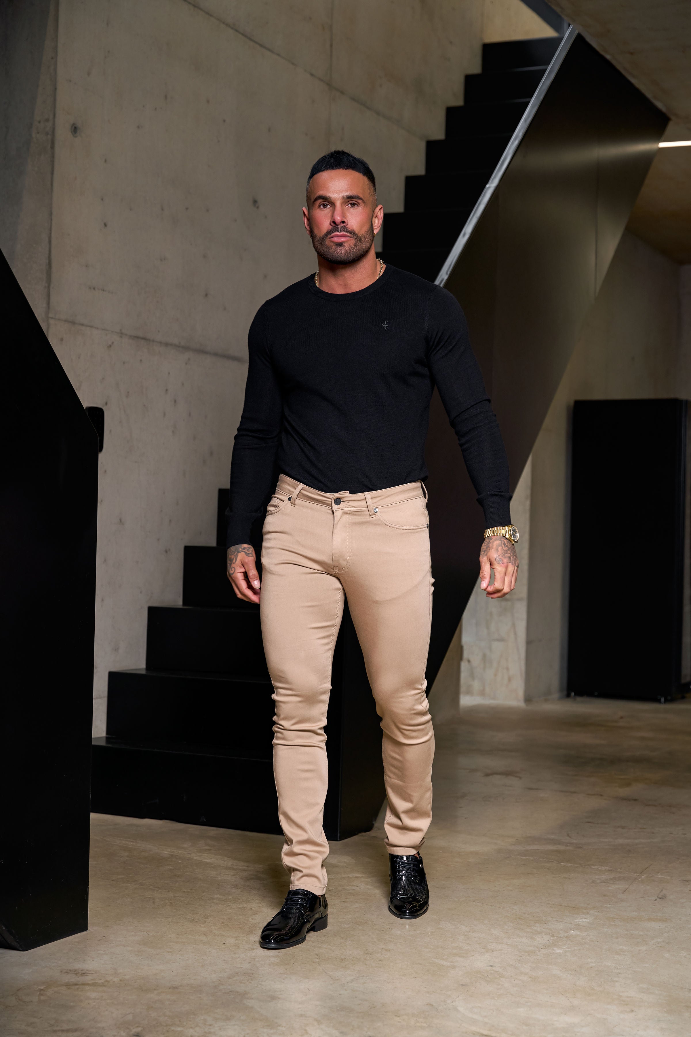 Slim Stretch Beige Relaxed Sateen Trousers - FSH1303
