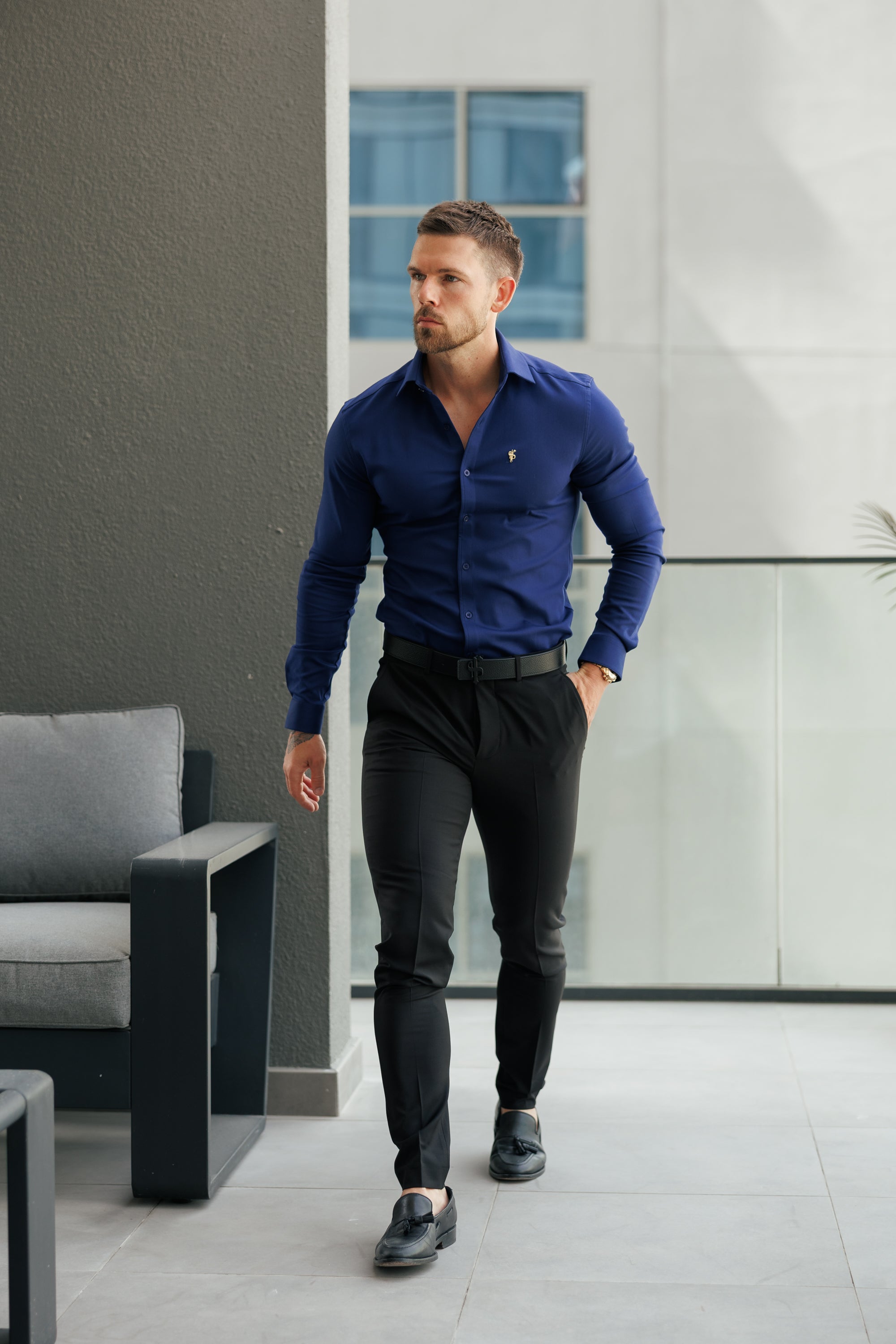 Super Slim Stretch Navy Denim Long Sleeve with Cutaway Collar - FS1149