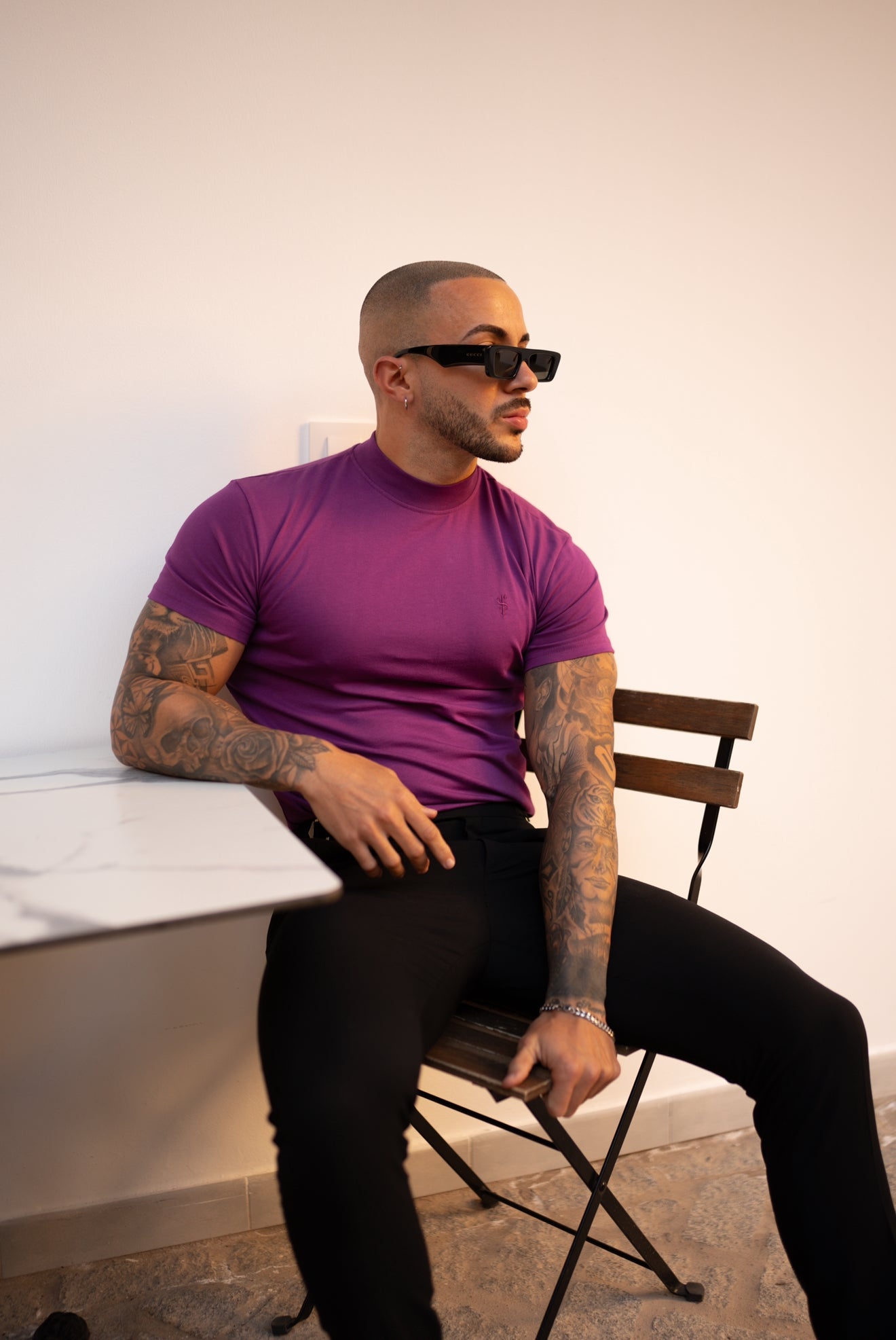 Ribbed High Neck Crew Short Sleeve Purple - FSH1139