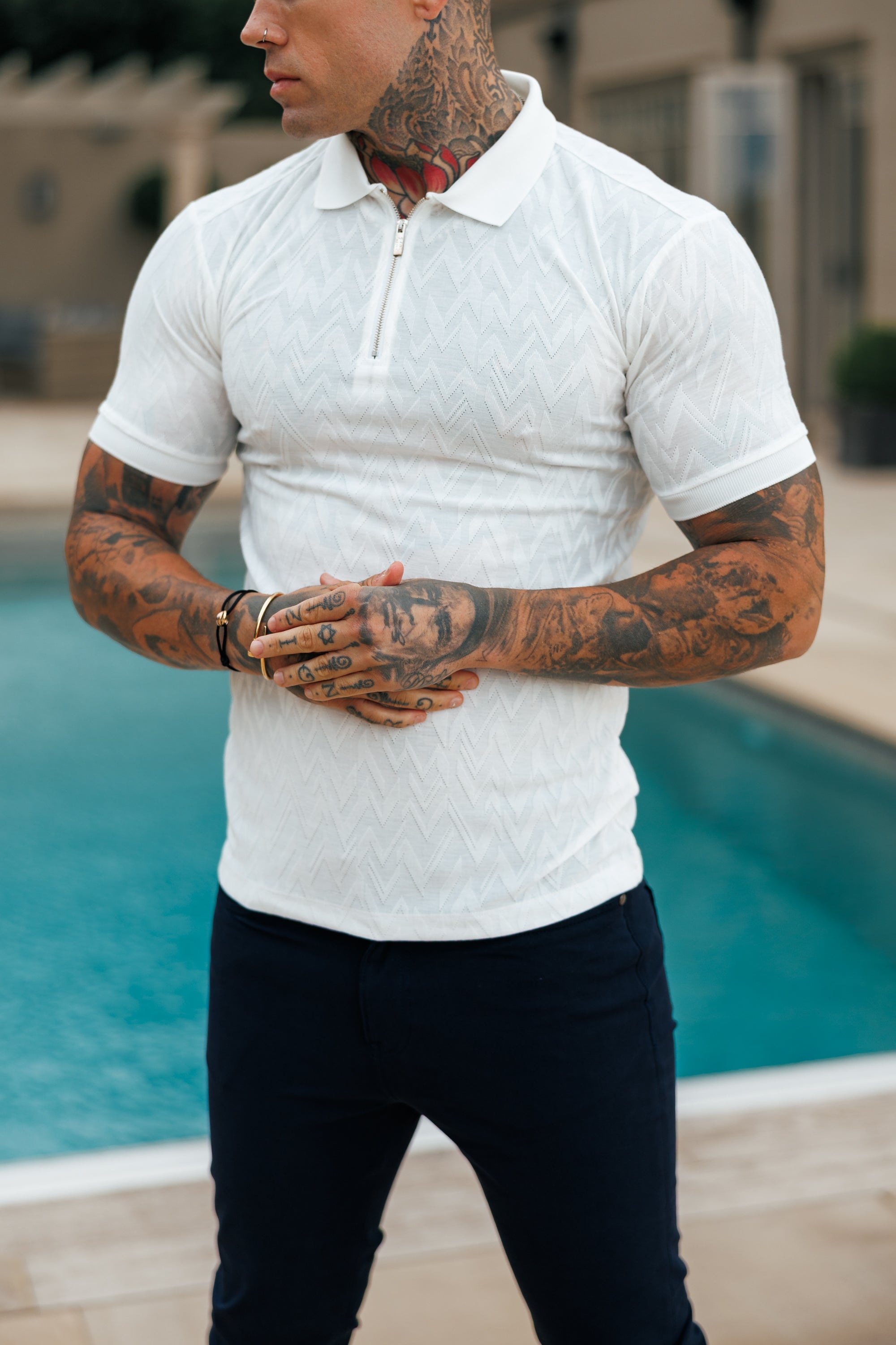 Classic Jacquard White Chevron Zipped Polo - FSR020