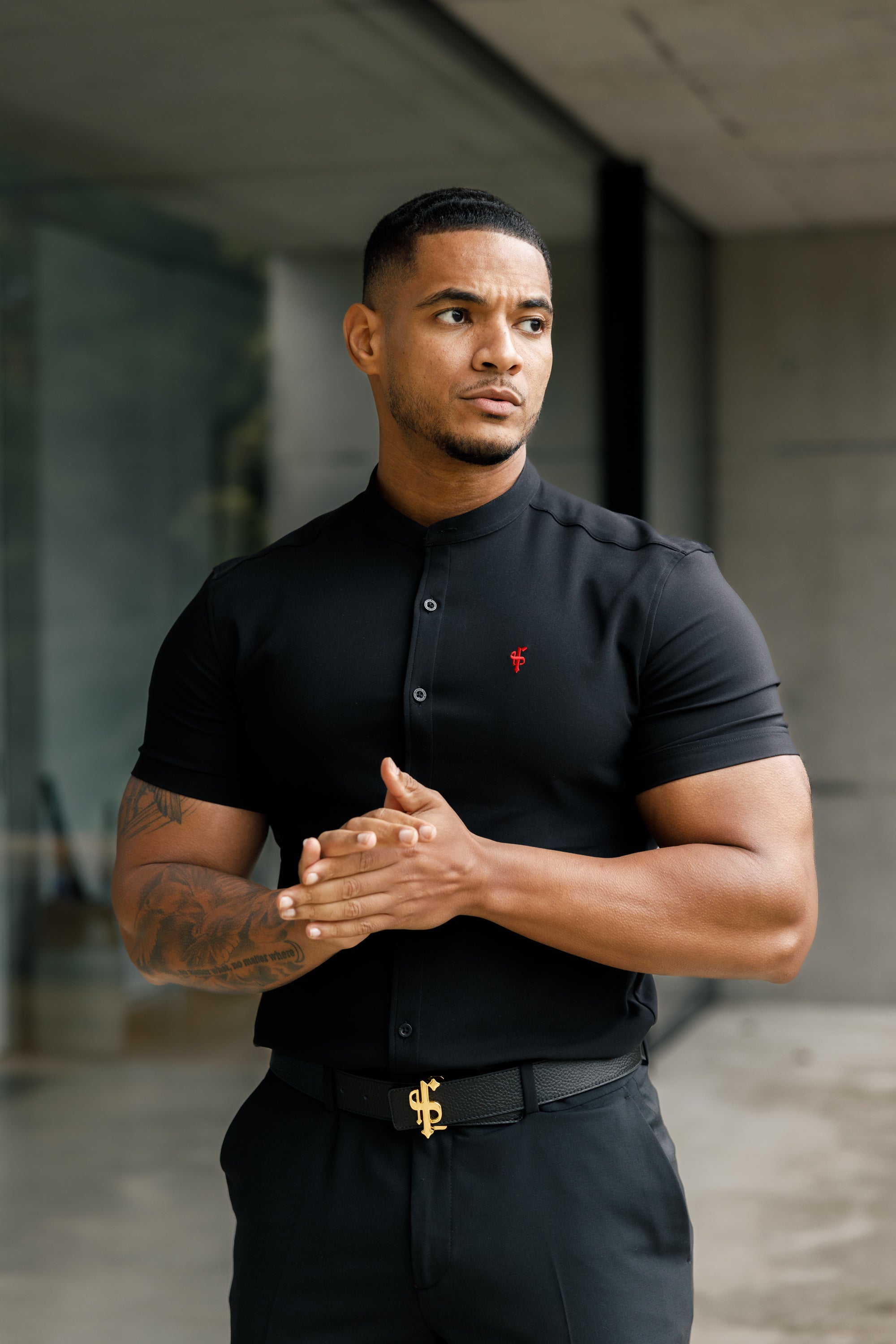 Super Slim Scuba Black Short Sleeve Stretch With Grandad Collar - FS930