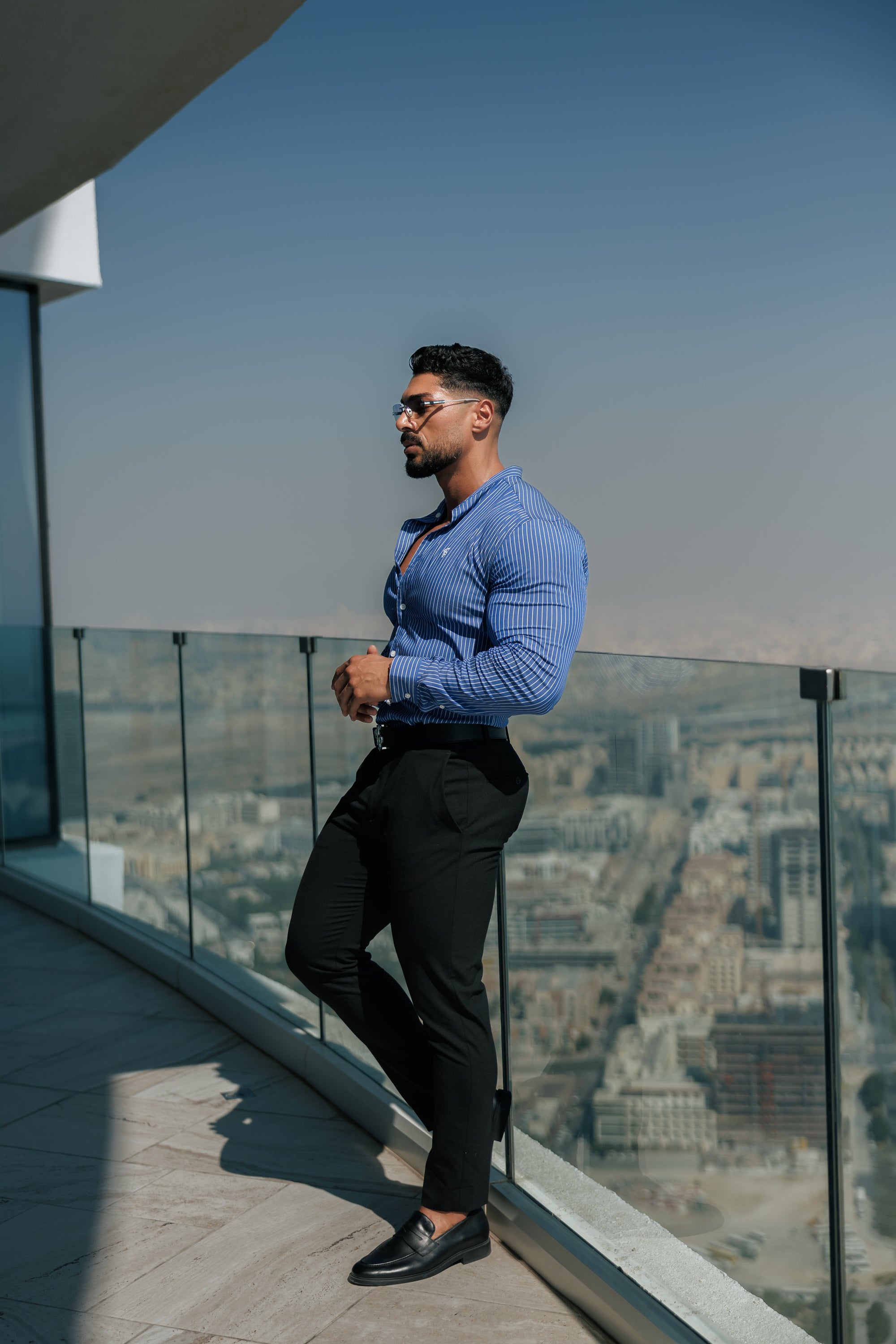 Super Slim Stretch Ocean Blue Printed Pinstripe Long Sleeve with Grandad Collar - FS1063