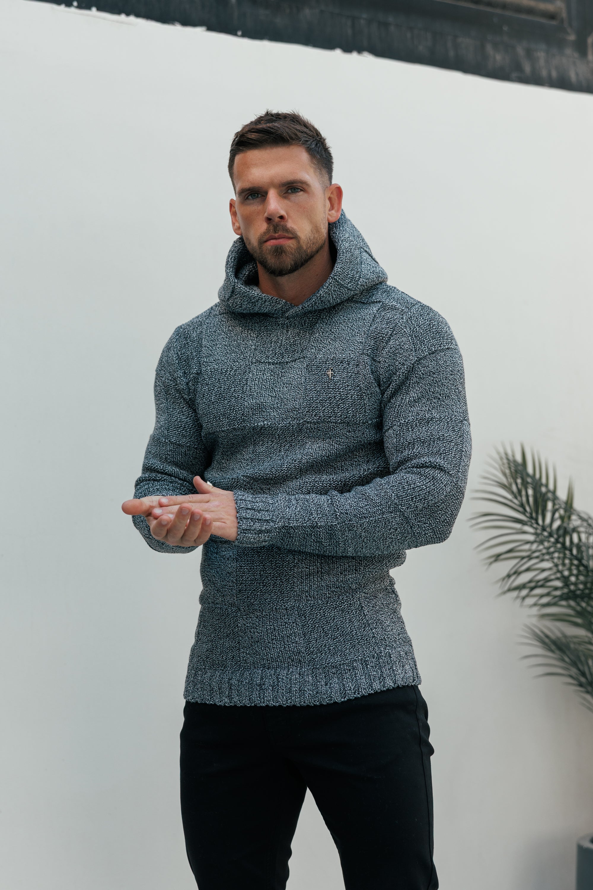 Black / White Two Tone Checkerboard Knitted Hoodie - FSJ134