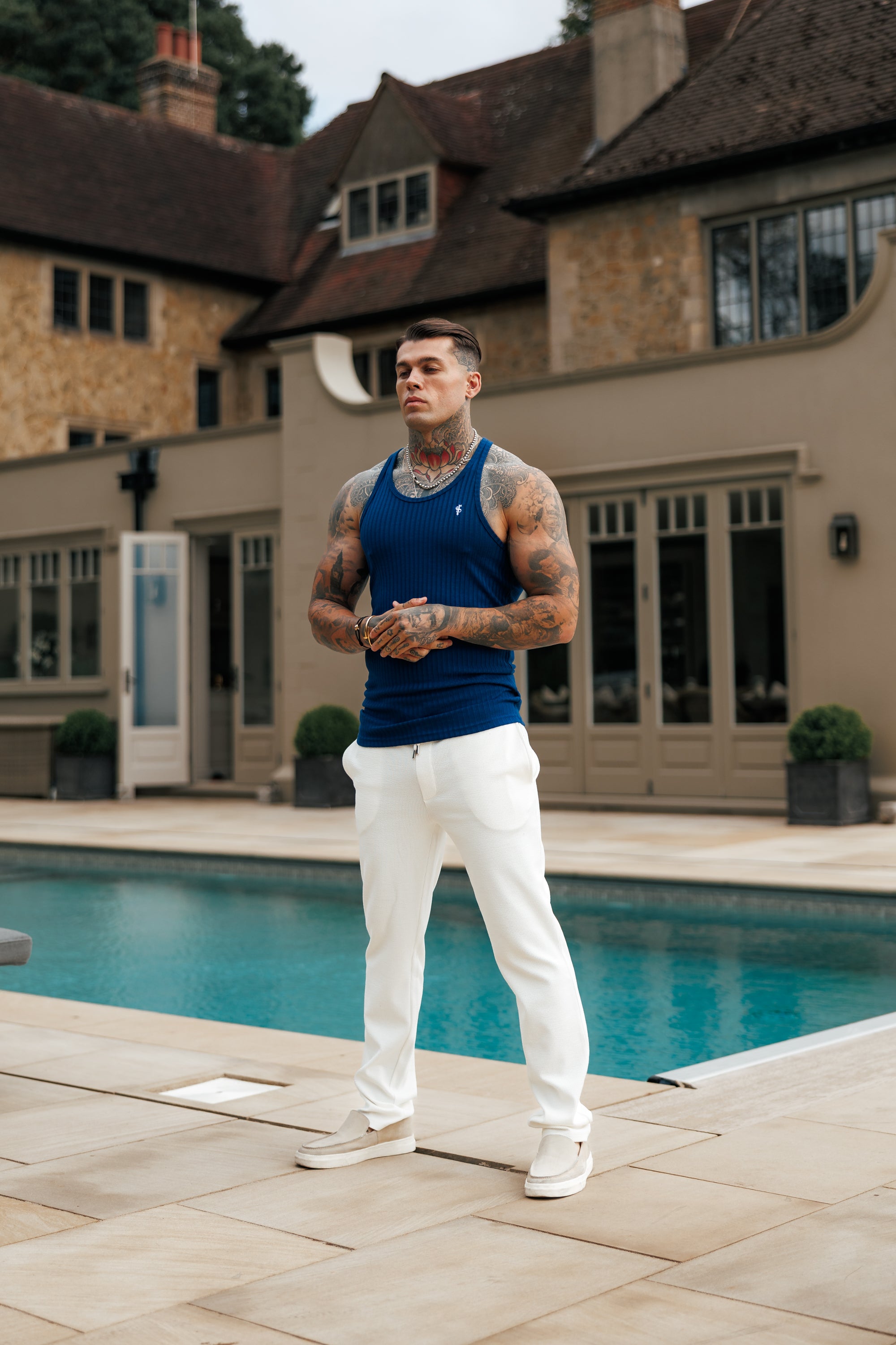 New Navy / White Ribbed Knit Super Slim Vest - FSH1328