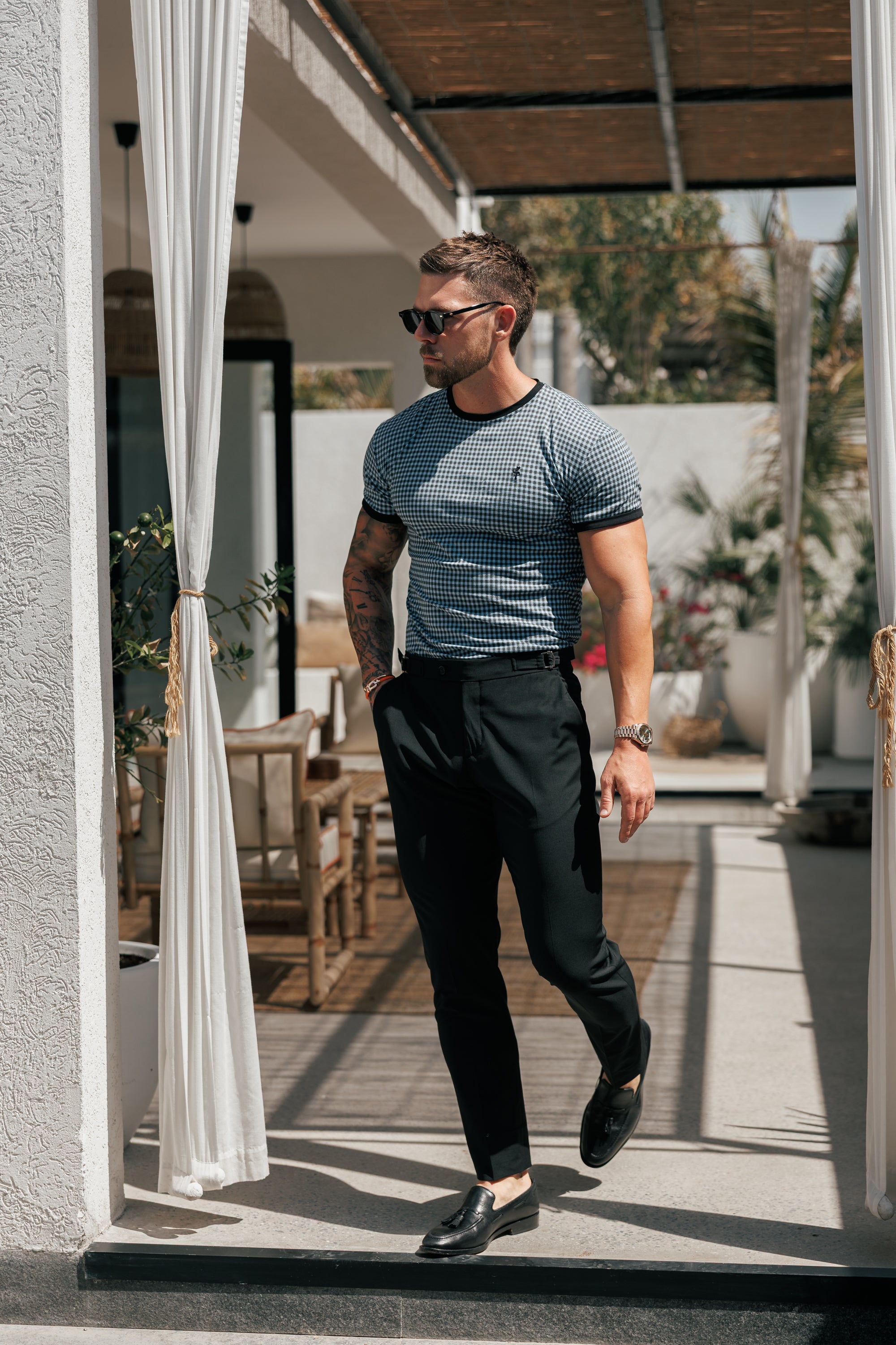 Printed Black / Grey Check Fitted T Shirt - FSH1239