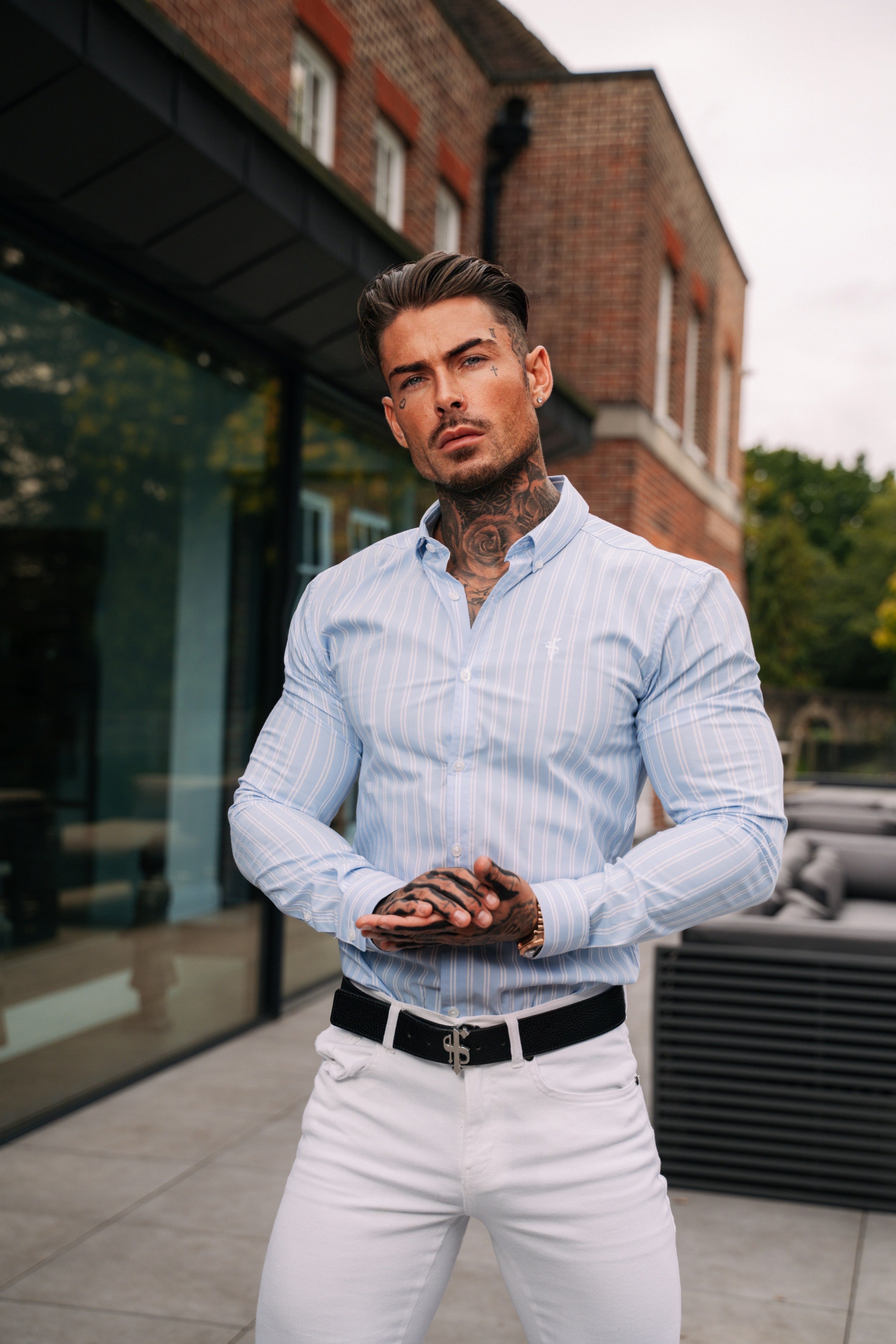 Classic Light Blue and White Woven Double Stripe Long Sleeve - FS975