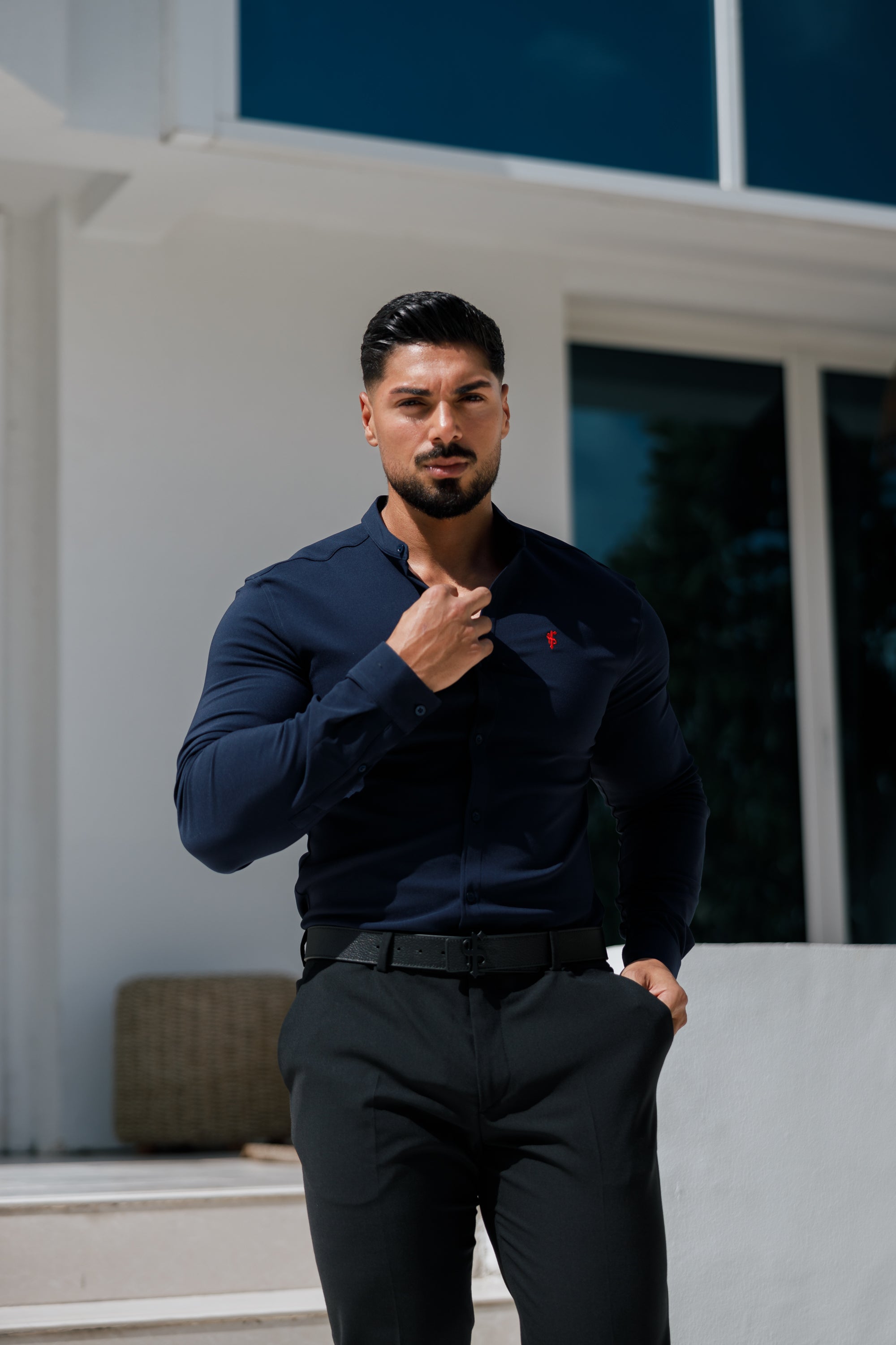 Super Slim Scuba Navy / Red Long Sleeve Stretch with Grandad Collar - FS1000