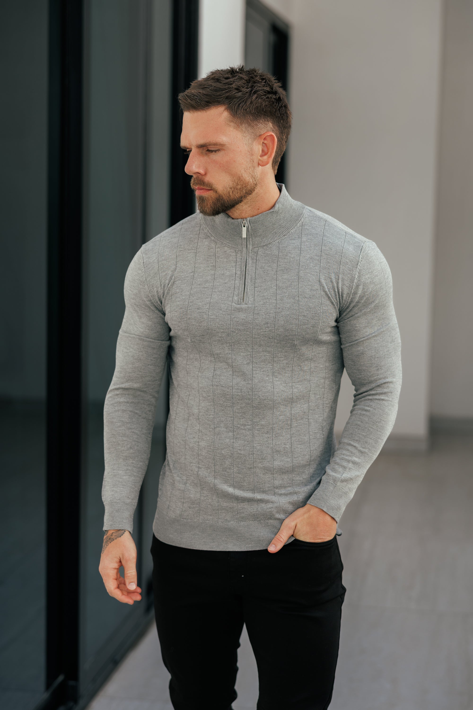 Self Stripe 1/4 Zip Funnel Neck Knit Jumper Light Charcoal Long Sleeve - FSR053