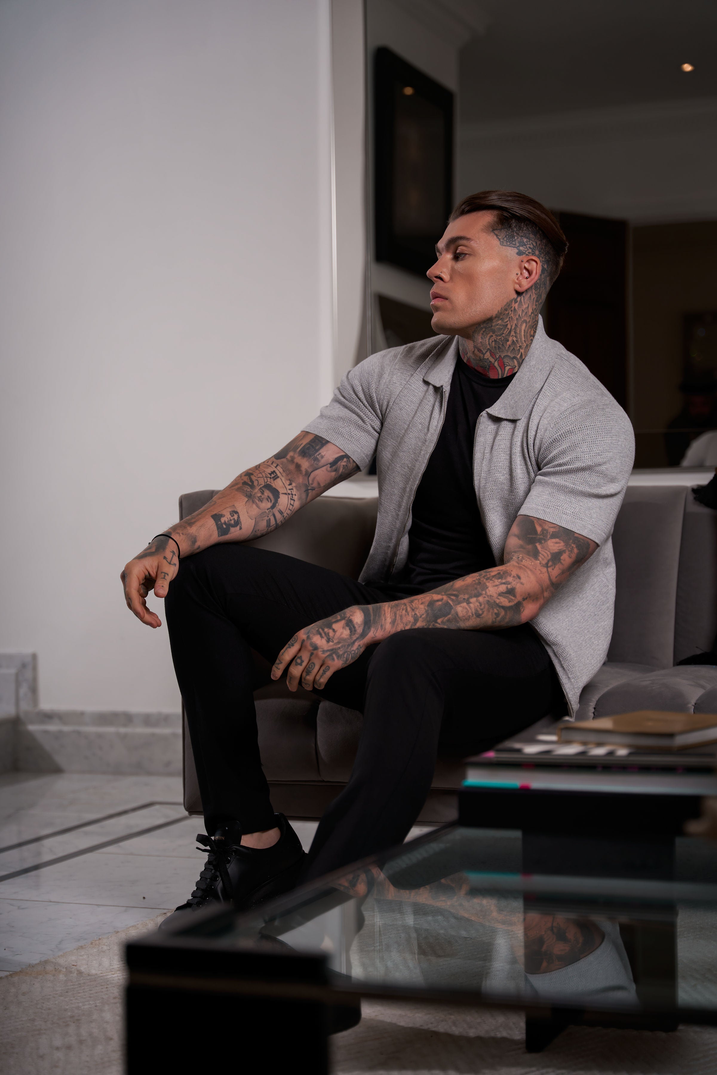 Classic Knitted Textured Design With Full Length Zip Light Grey Short Sleeve - FSN154