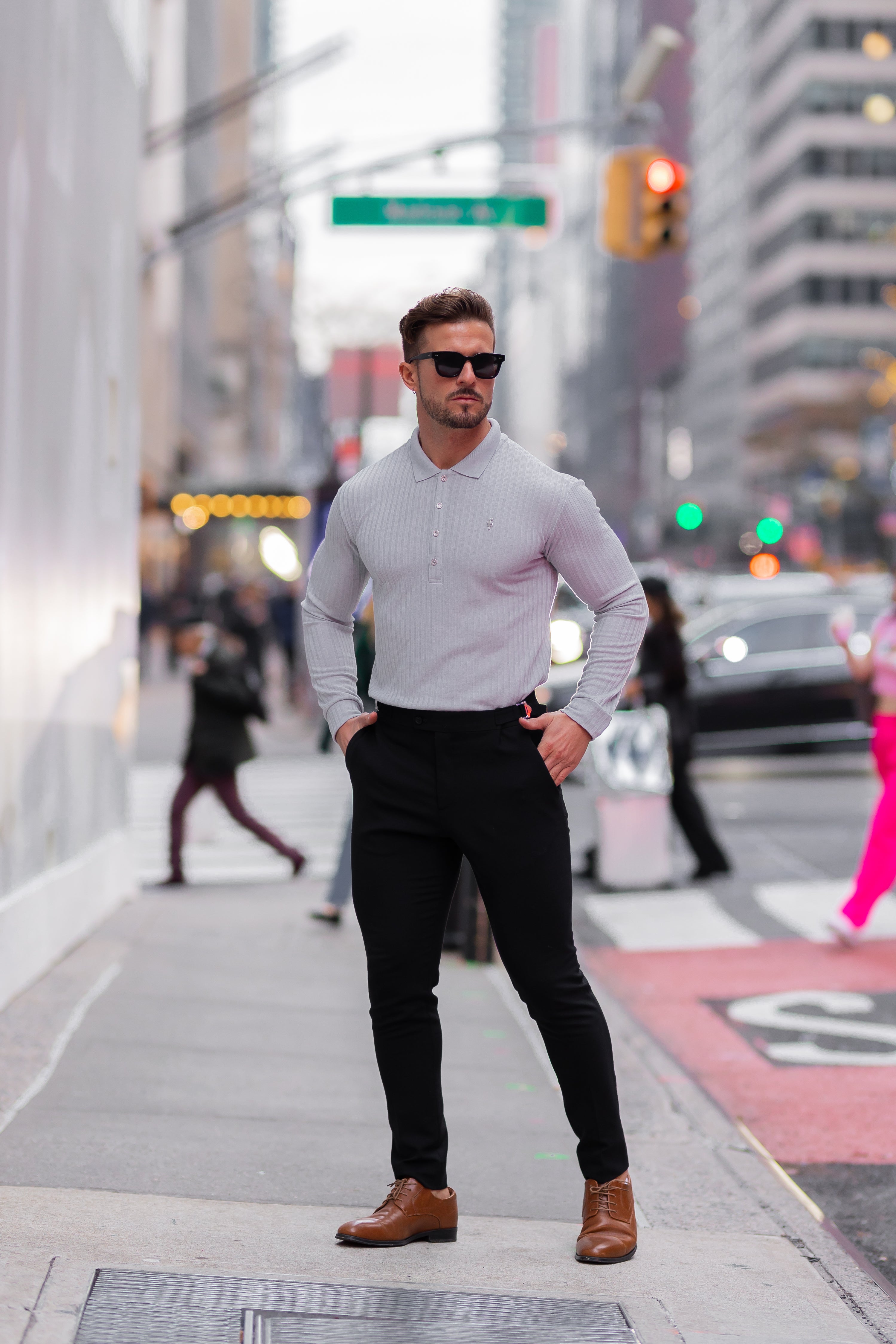 Classic Light Grey Ribbed Polo Shirt Long Sleeve With Silver Decal - FSH973