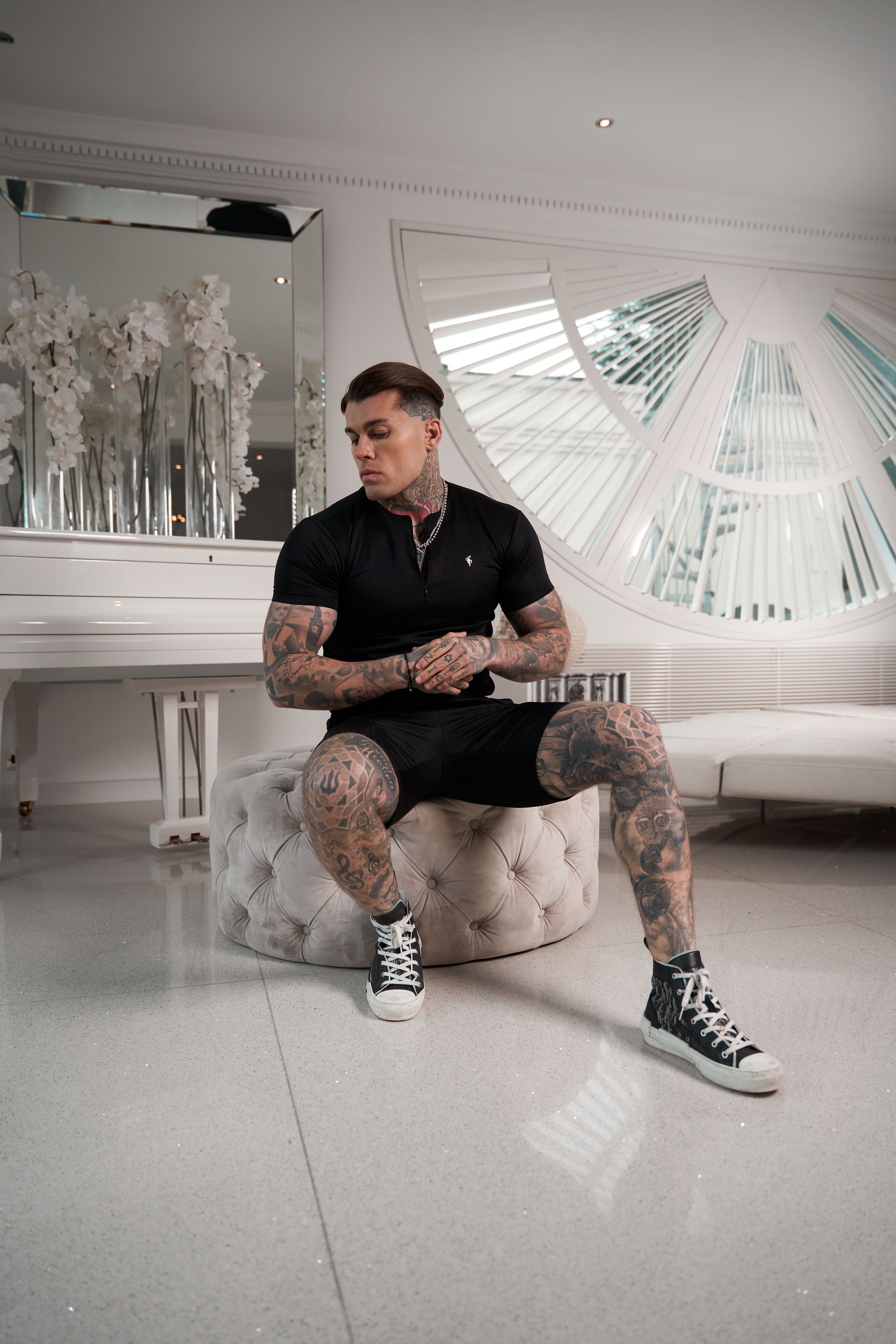 Scuba Black / Silver Crew T Shirt With Zip Detail Short Sleeve - FSH1032