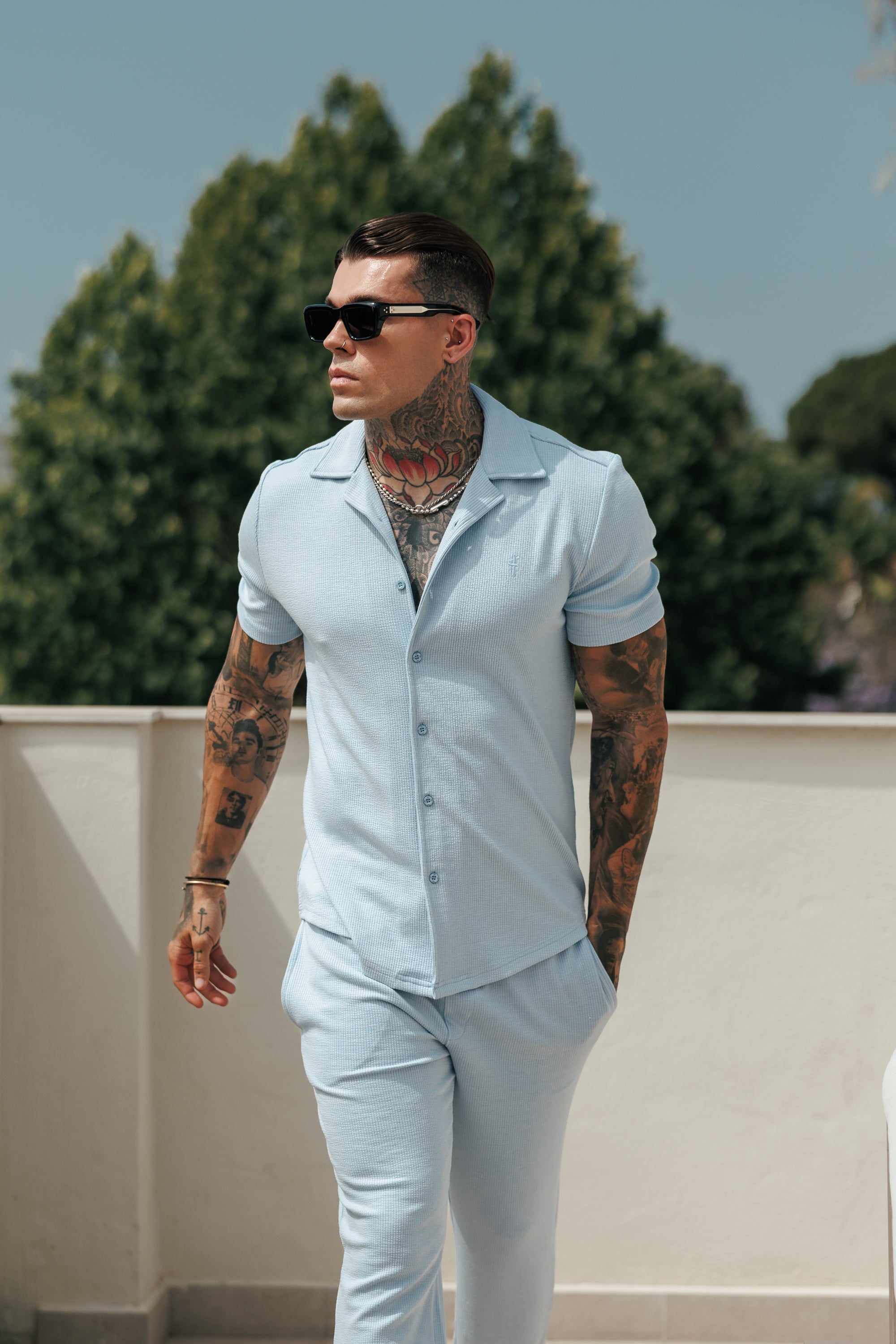 Jersey Cord Stretch Light Blue Revere Shirt Short Sleeve - FSR074 (PRE ORDER 18TH JULY)