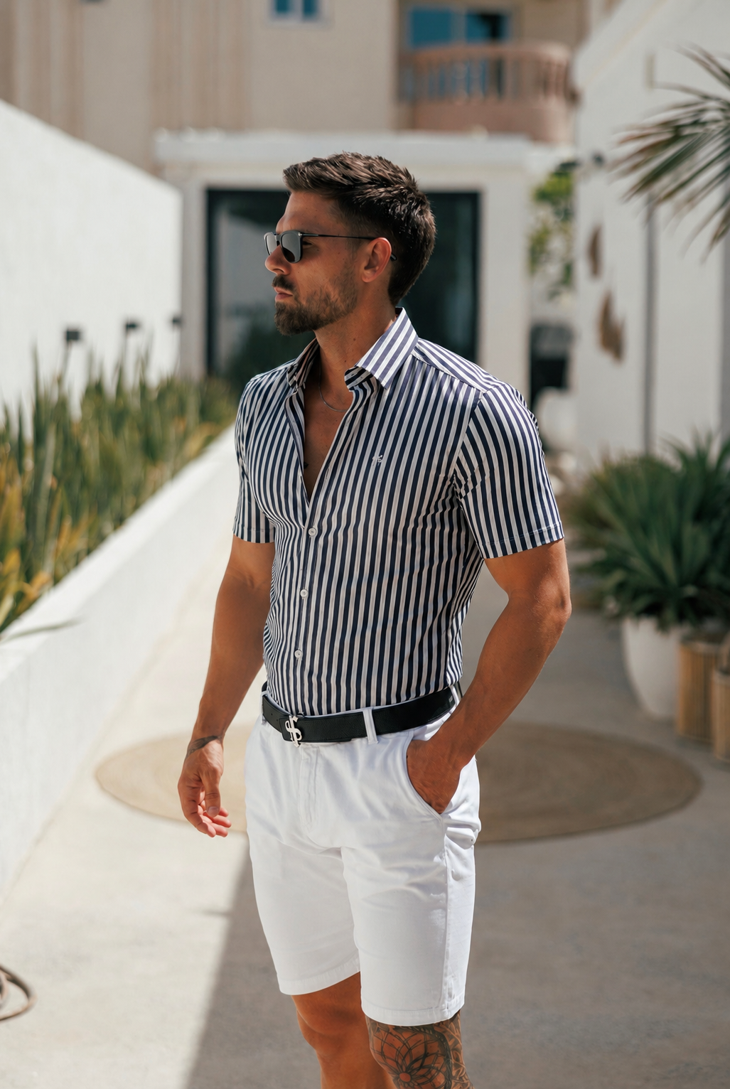 Super Slim Stretch Sateen Touch White / Navy Double Stripe Short Sleeve - FS1288 (PRE ORDER 27TH AUGUST)