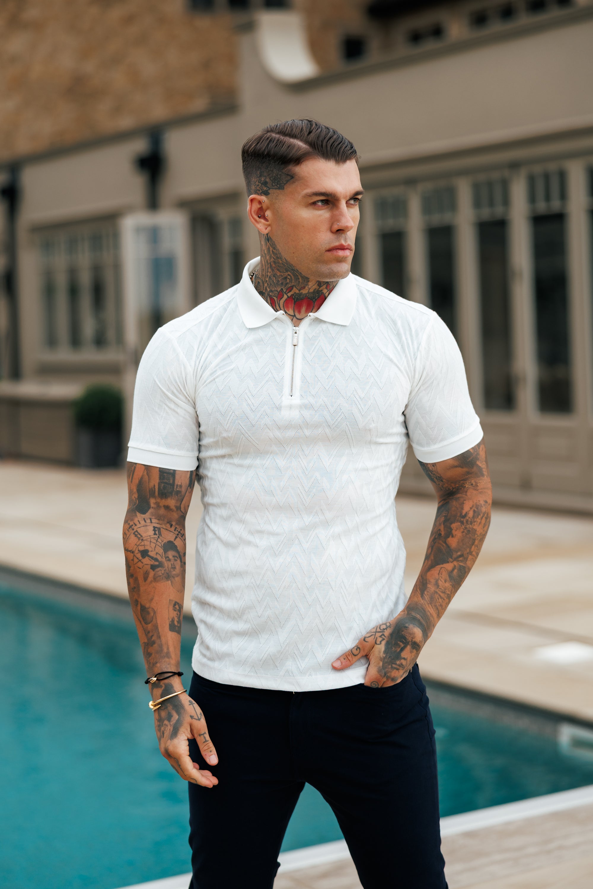 Classic Jacquard White Chevron Zipped Polo - FSR020