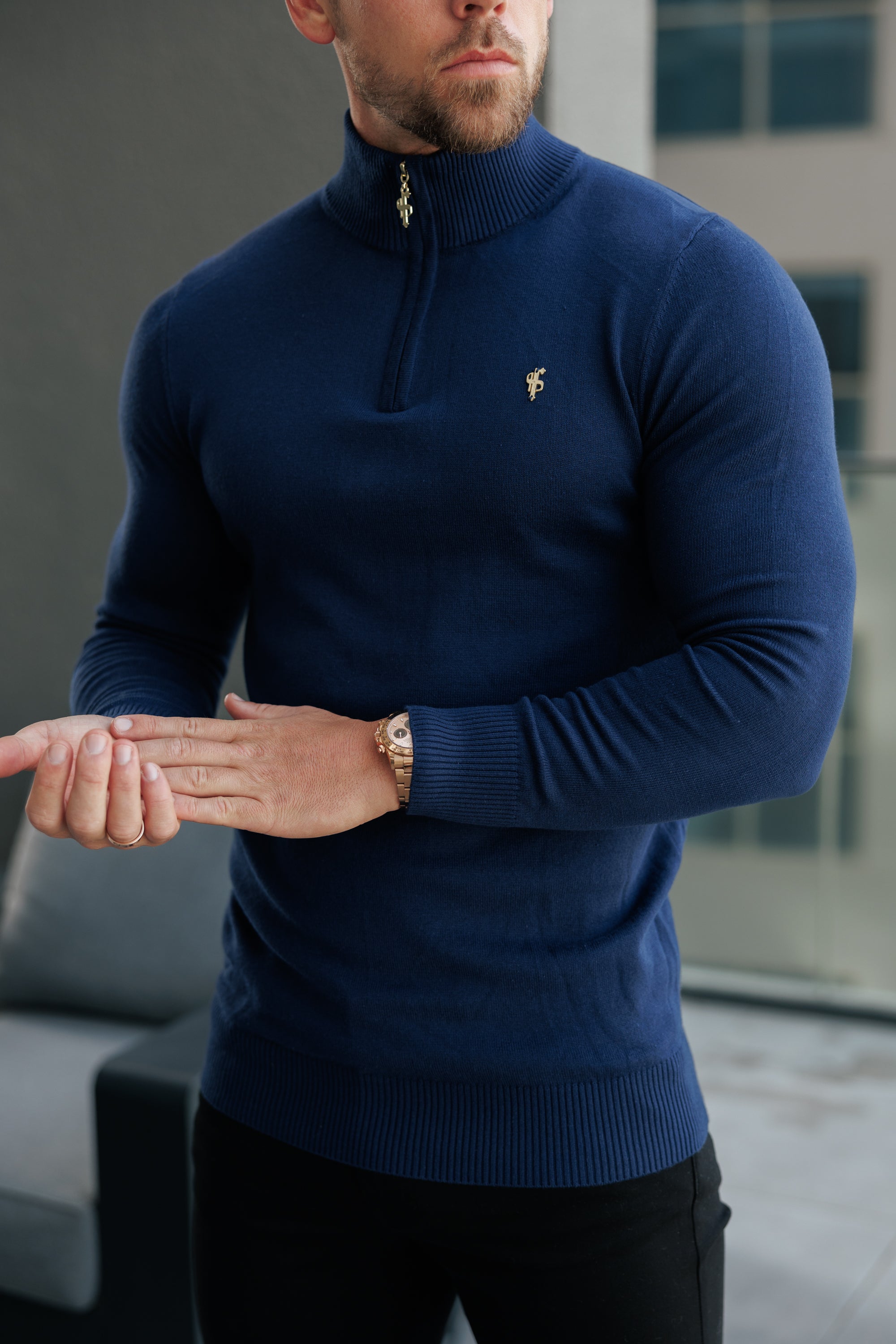 Navy Funnel Neck Knitted Jumper With FS Branding - FSN191
