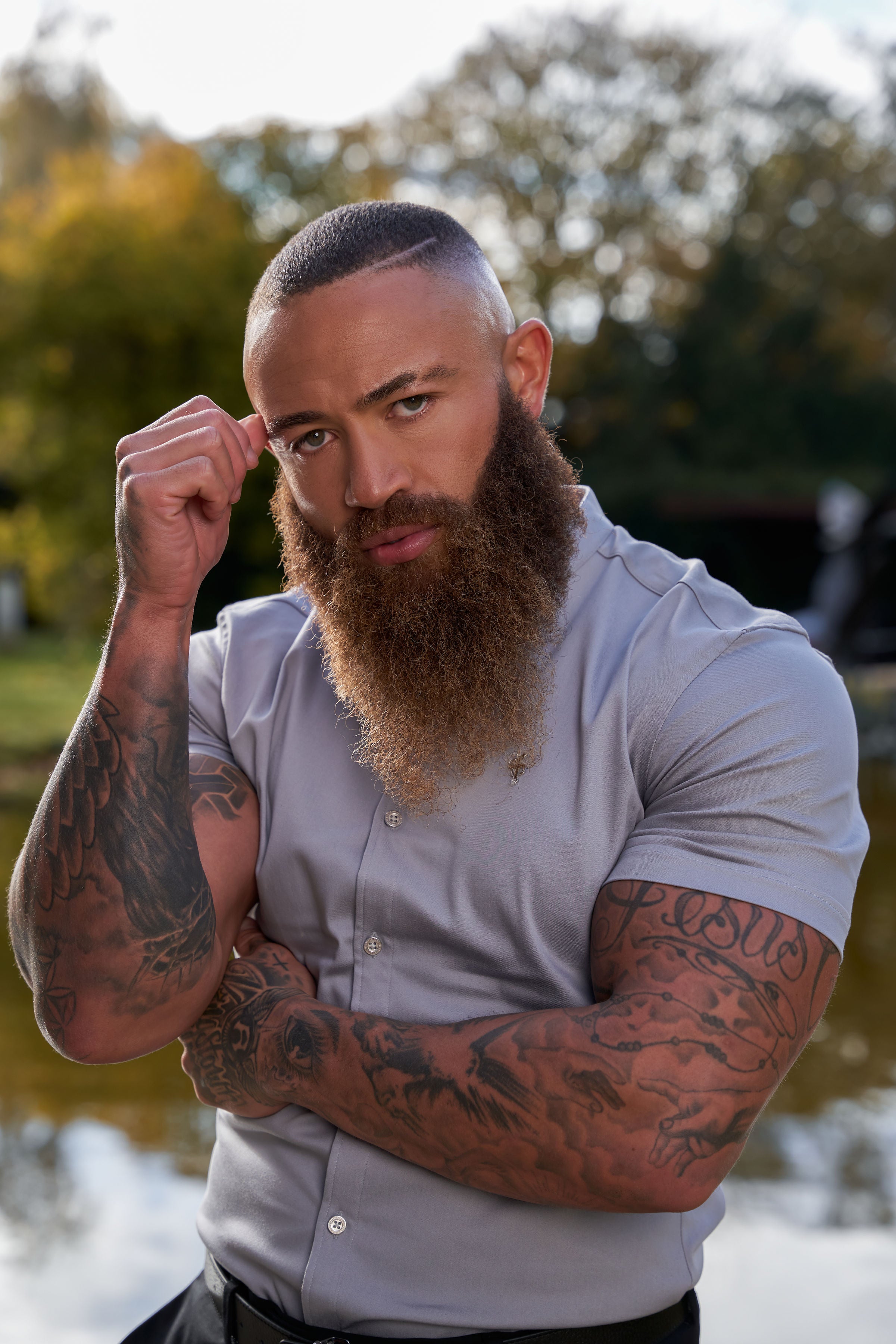 Super Slim Stretch Grey Denim Short Sleeve With Grandad Collar and Silver Metal Buttons and Decal - FS963