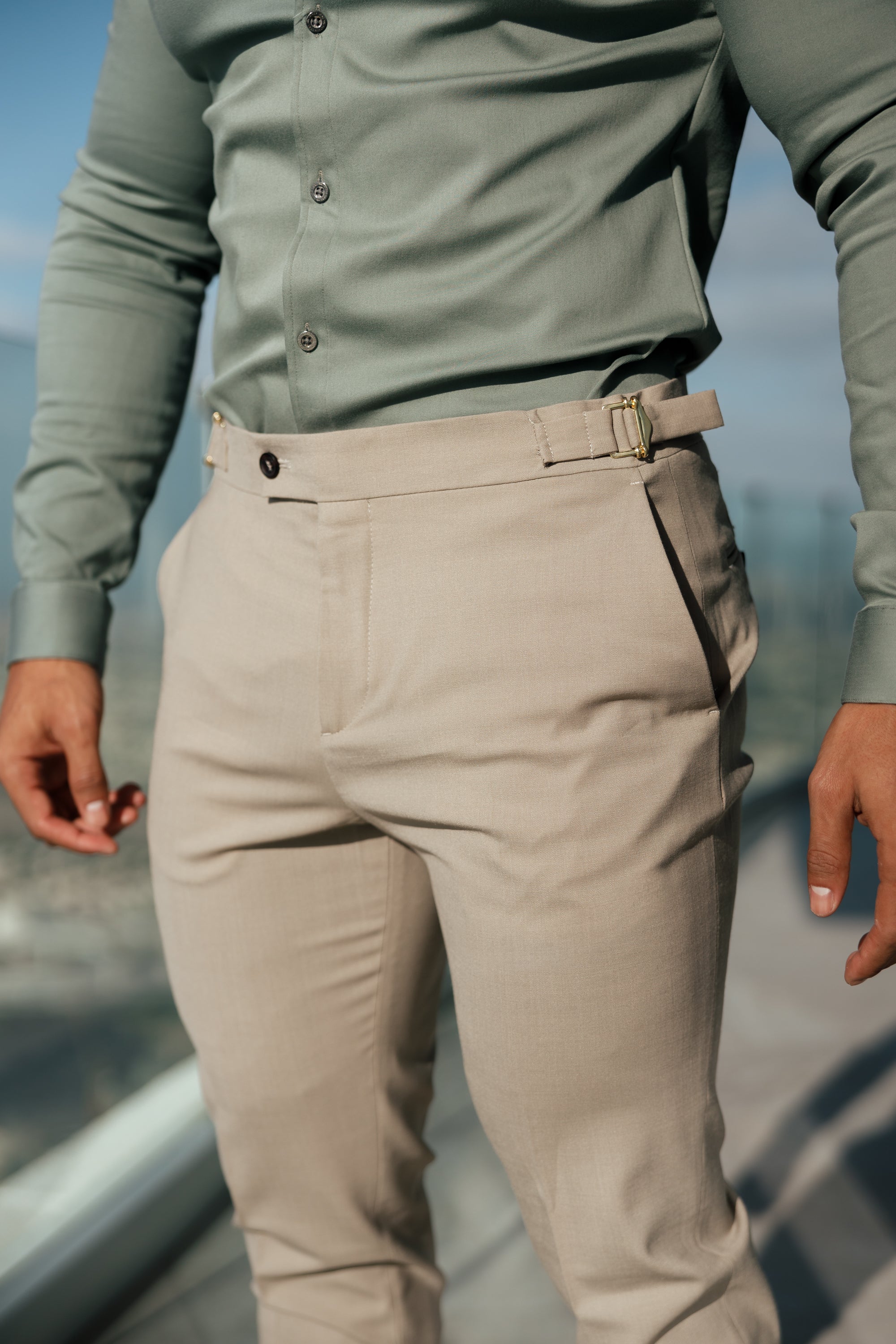 Slim Formal Beige Stretch Trousers With Gold Waist Adjusters - FST017