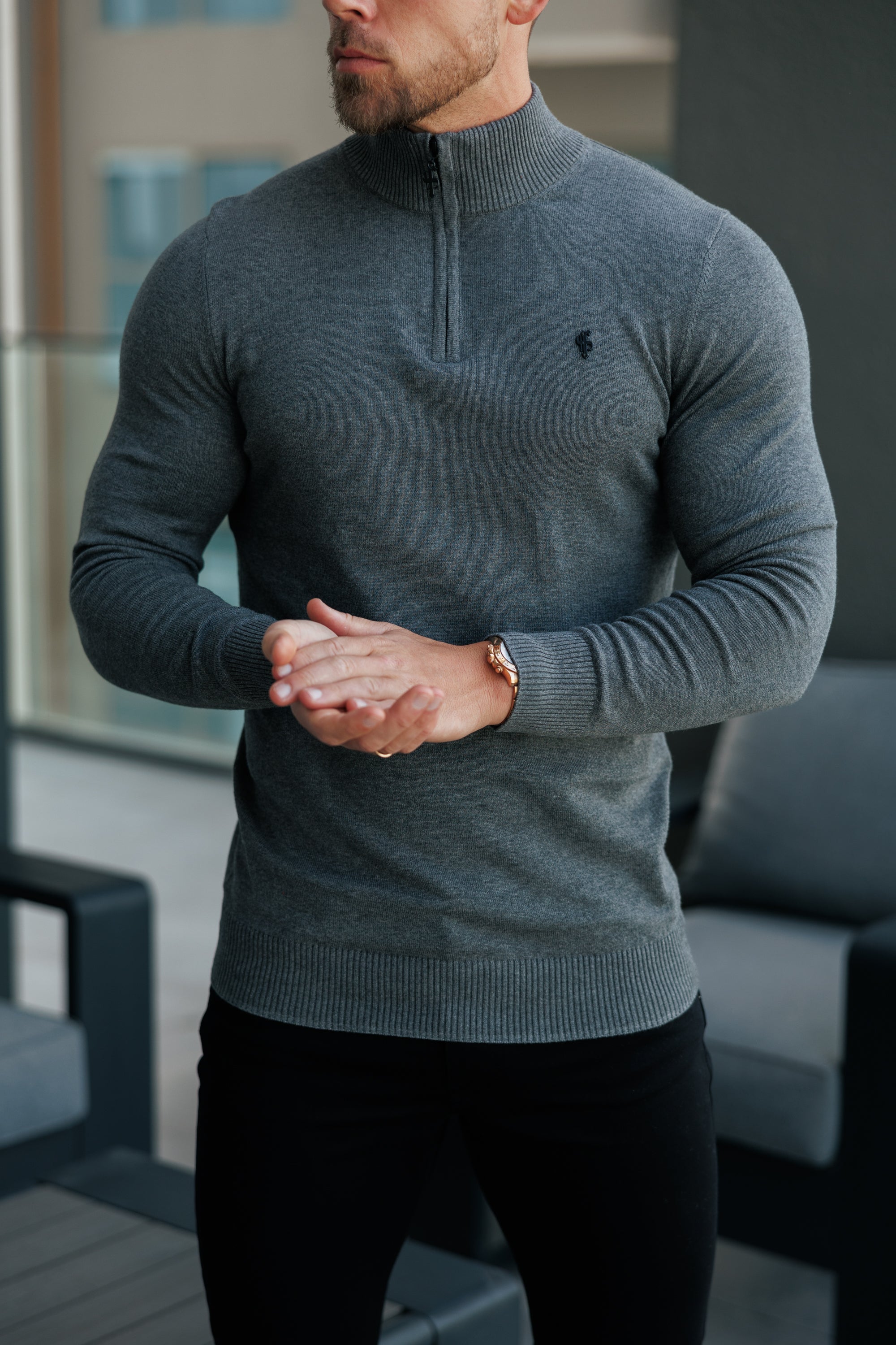 Charcoal Funnel Neck Knitted Jumper With FS Branding - FSN192