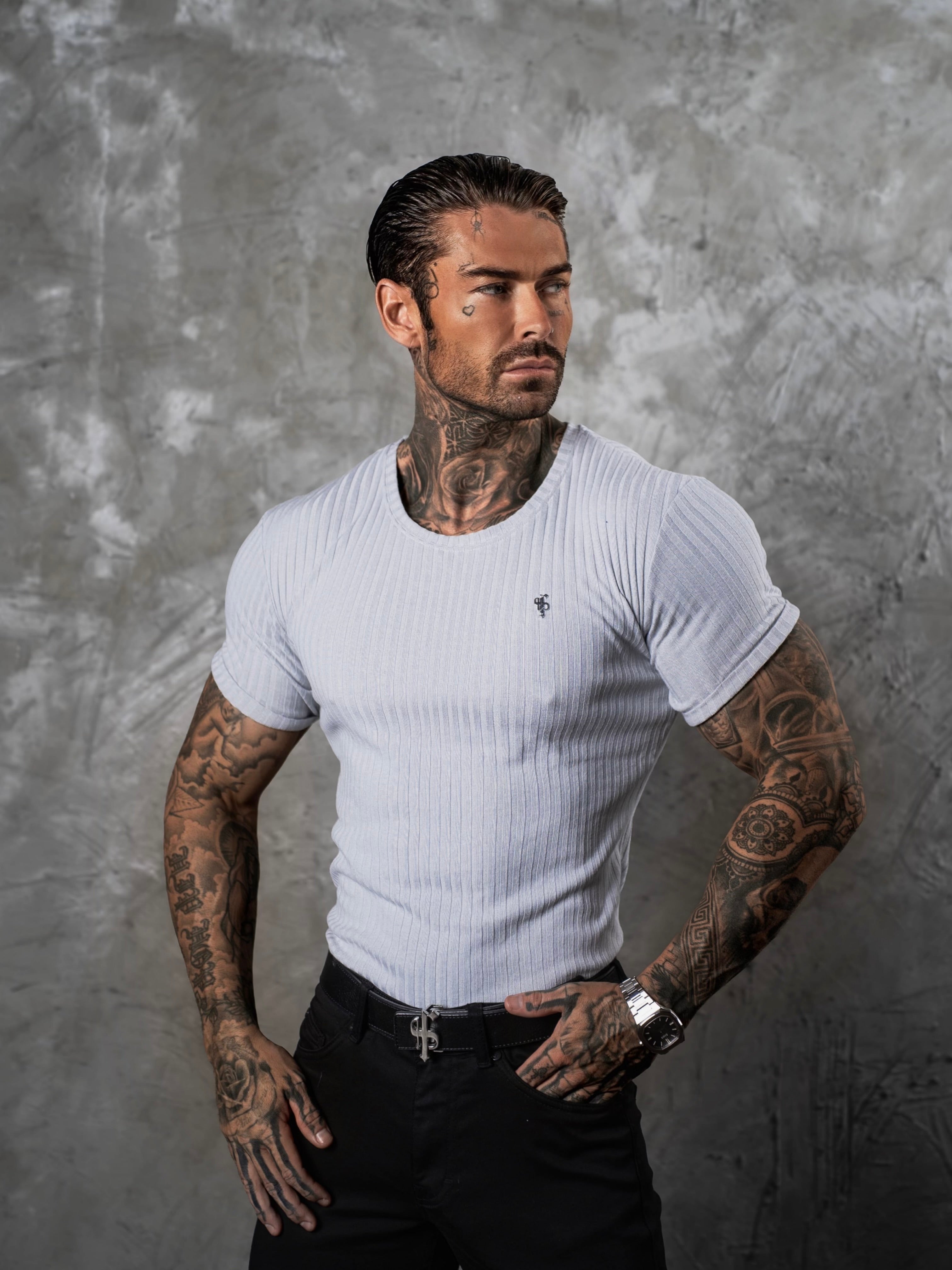 Classic Light Grey / Silver Ribbed Knit Super Slim Short Sleeve Crew - FSH1085